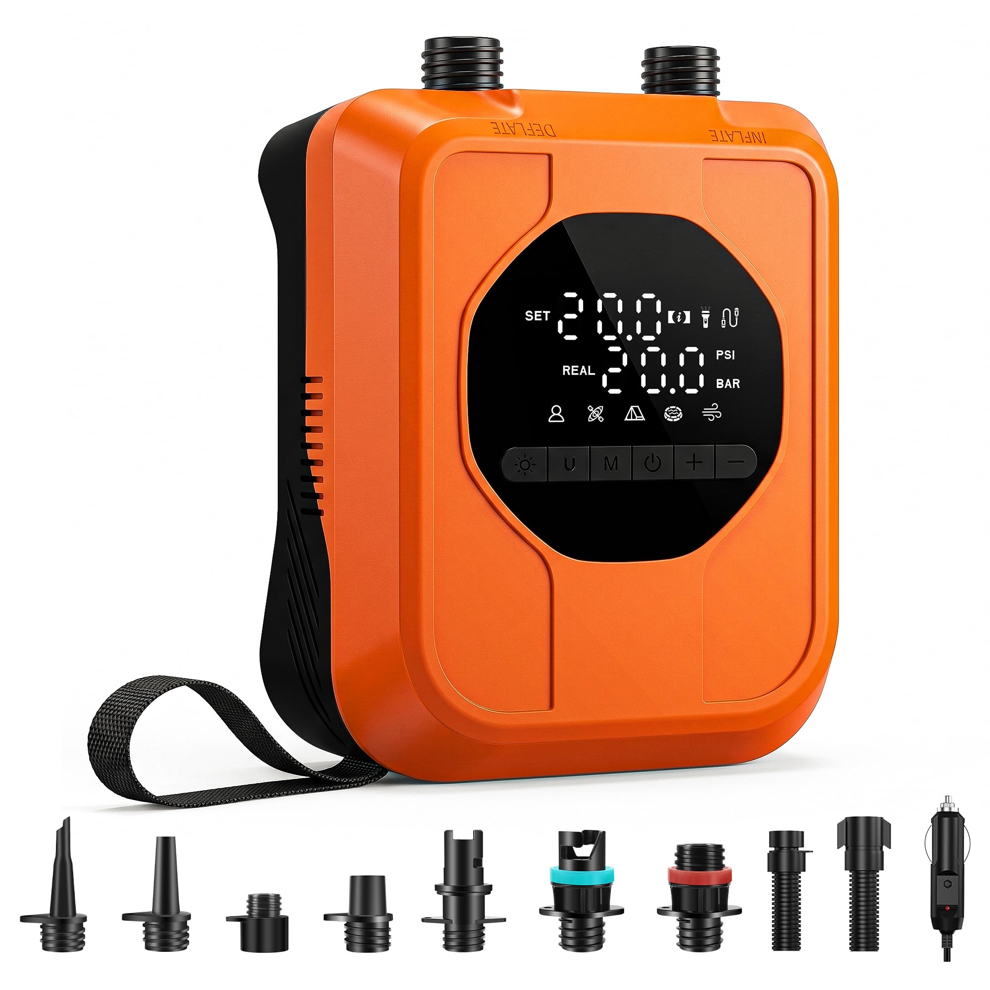 Photo 1 of 12V Car-Powered Paddle Board Pump, Electric SUP Pump with Auto-Off, Dual-Stage Fast Inflation to 20 PSI, Inflate/Deflate Air Pump with 7 Nozzles for Paddle Boards, Kayaks & Inflatables