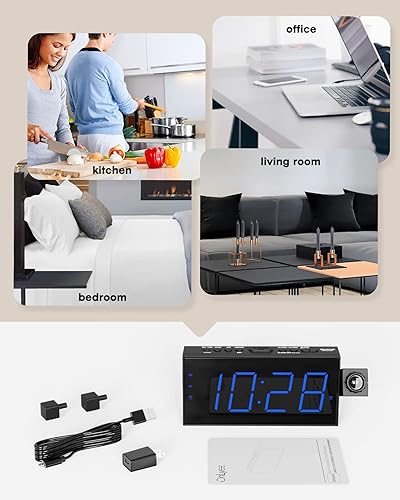 Miniatura 8 de OnLyee Reloj despertador de proyección para dormitorio, LED digital en techo y pared con carga USB para teléfono, respaldo de batería, proyector