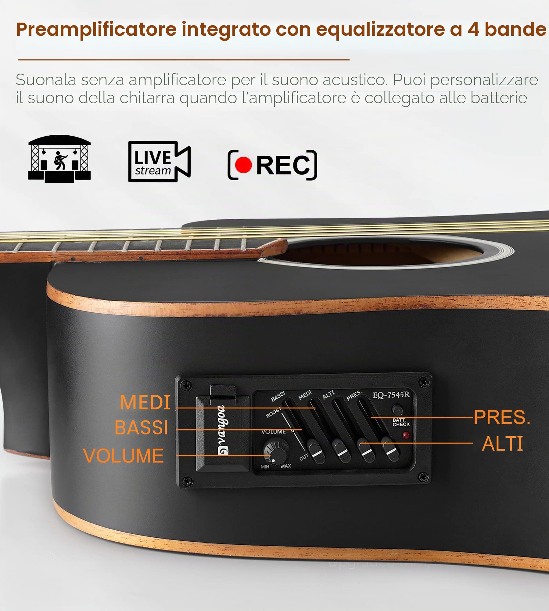 Vangoa Chitarra acustica elettrica cutaway 104,1 cm 41 inch Nero con equalizzatore a 4 bande