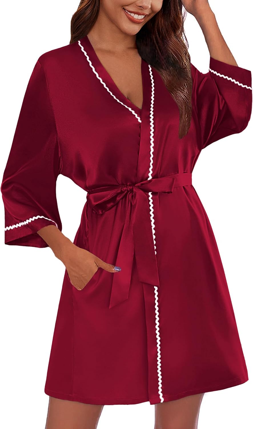 ekouaer women's satin robe short bridesmaid bride feather bridal robe kimono silky long sleeve bathrobe s-xxl x-large b-wine red