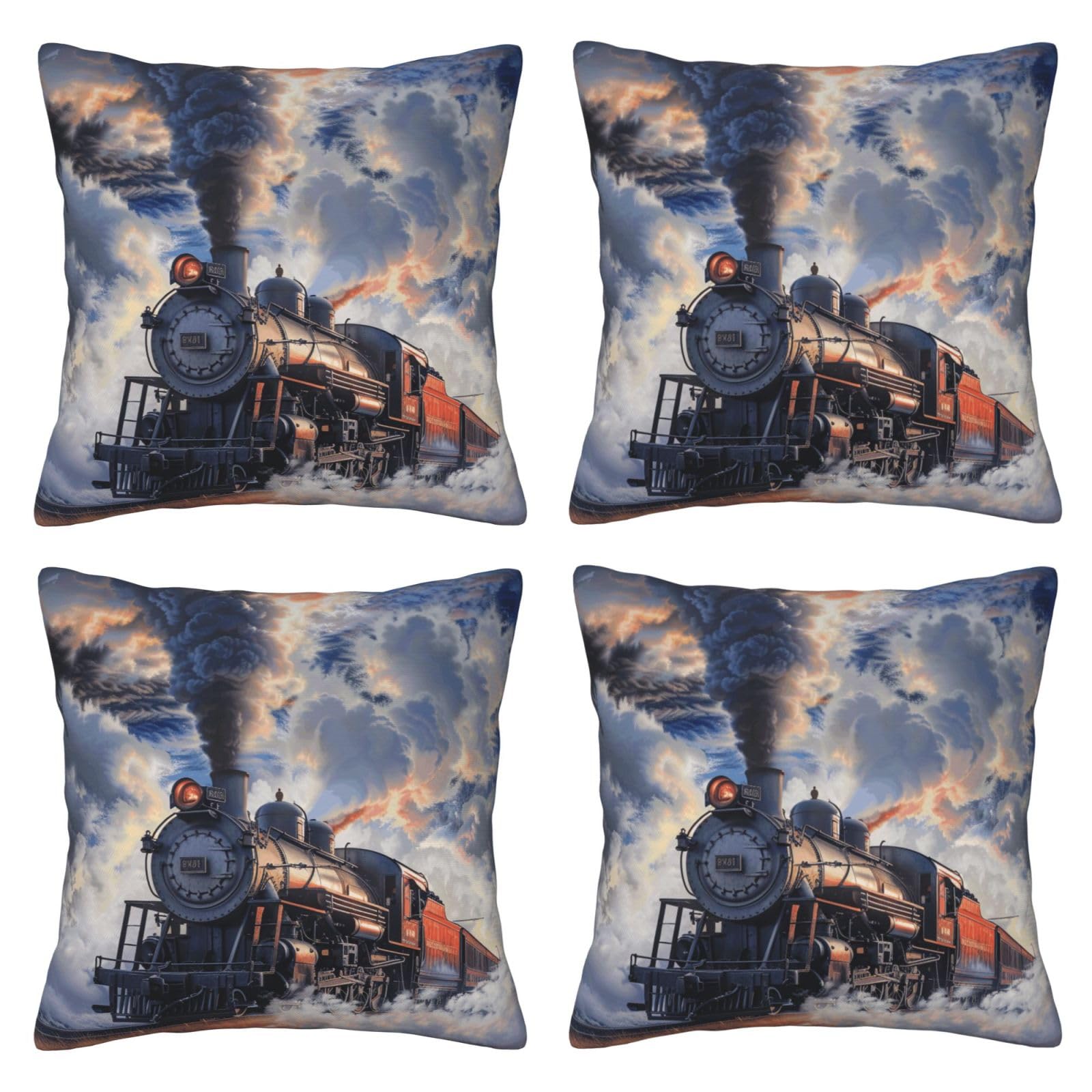 Steam Train Clouds Throw Pillow Cases 4 Pack Square Pillowcases Super Soft Pillow Protectors With Zipper for Couch Livingroom Sofa Bed Office Car,40x40 CM
