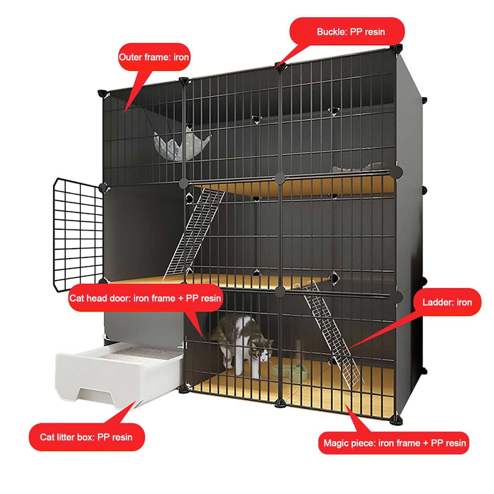 Gabbia per Gatti, Gabbia per Gatti Grande - Box per Gatti Fai-da-Te a 2 Livelli per Interni con lettiera Integrata, Design spazioso per Gatti (Dimensioni: Nero 111x95x75) - Perfetto per l'us