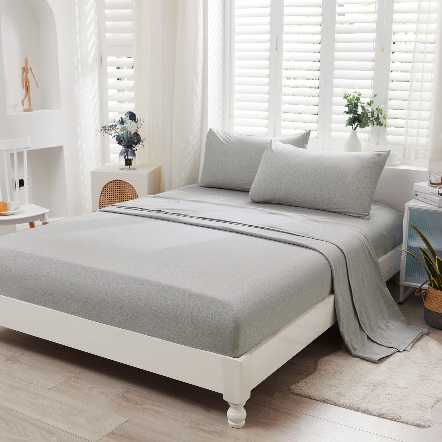 LIFETOWN 100% Jersey Knit Cotton Bed Sheet Ultra Soft T-Shirt Feel 1 Piece Flat Sheet Breathable Wrinkle-Free (Heathered Light Grey, Queen)