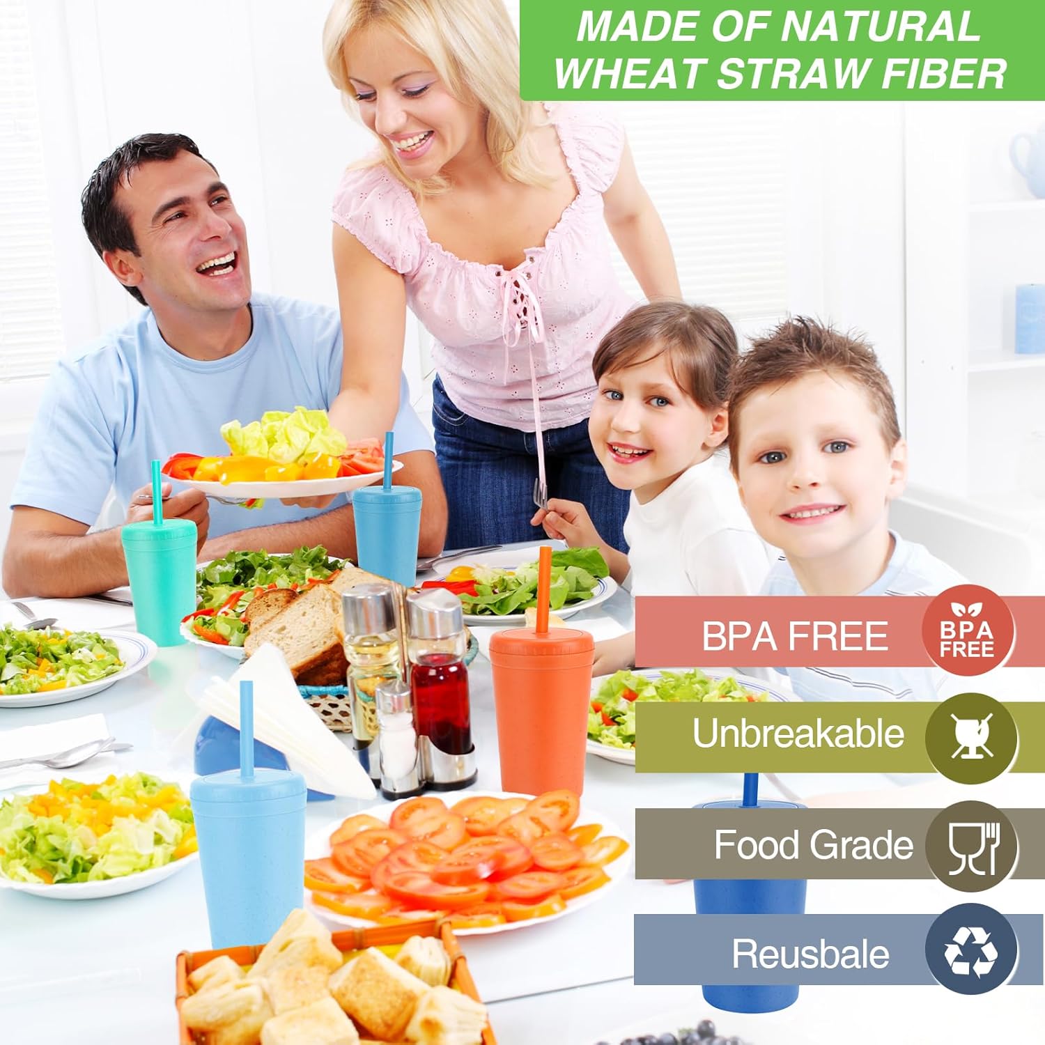 10 oz Wheat Straw Cups with Lids and Silicone Straws, Unbreakable Drinking Glasses, Plastic Cups for Kitchen, Small Tumbler Cups with Cleaning Brush, BPA Free, Dishwasher & Microwave Safe, 6 Pack - Image 3