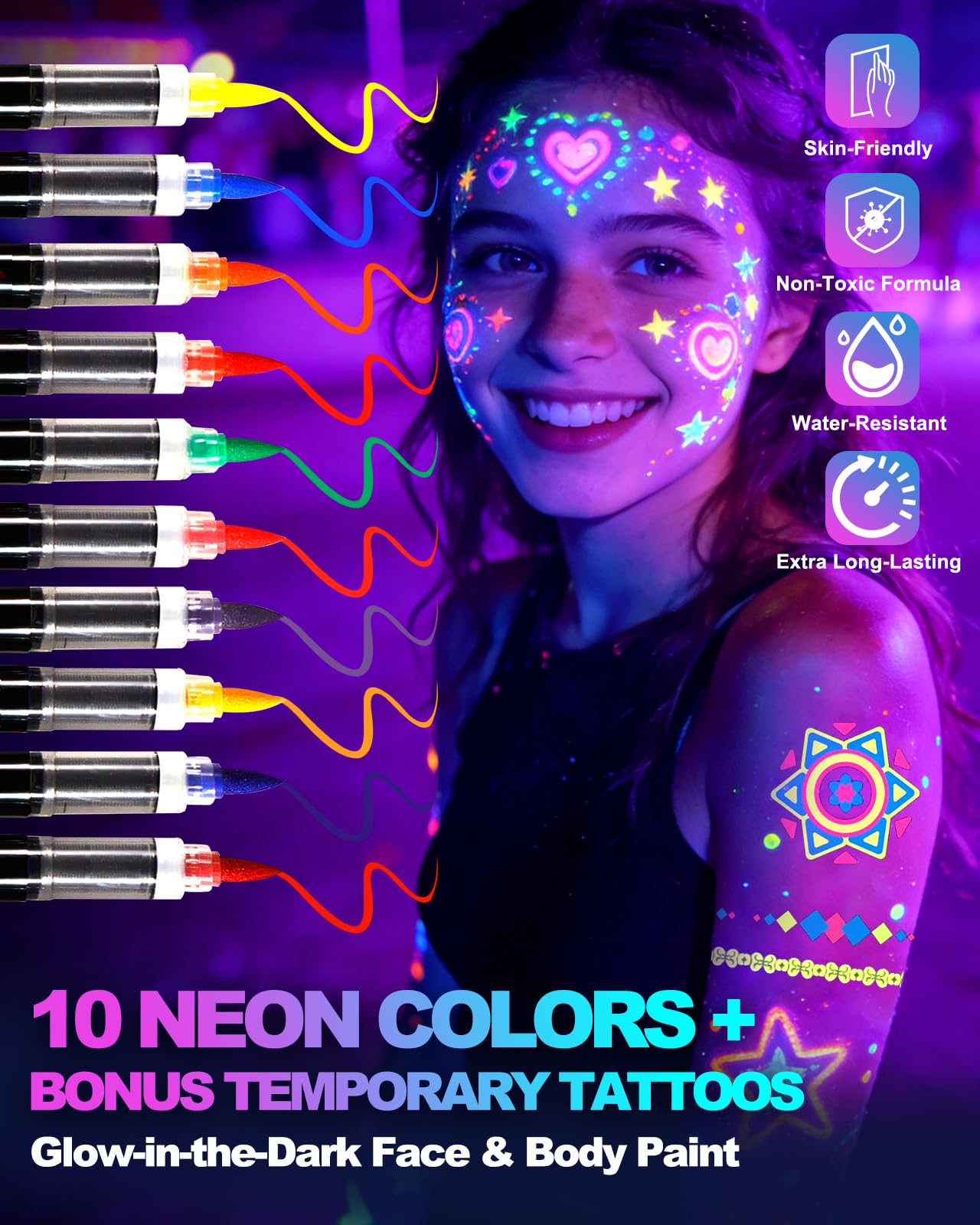Glow Party UV Gesichts- & Körpermalstifte, Neon Schwarzlicht Bodypaint Marker, fluoreszierende Tattoo Stifte mit Leuchtstickern