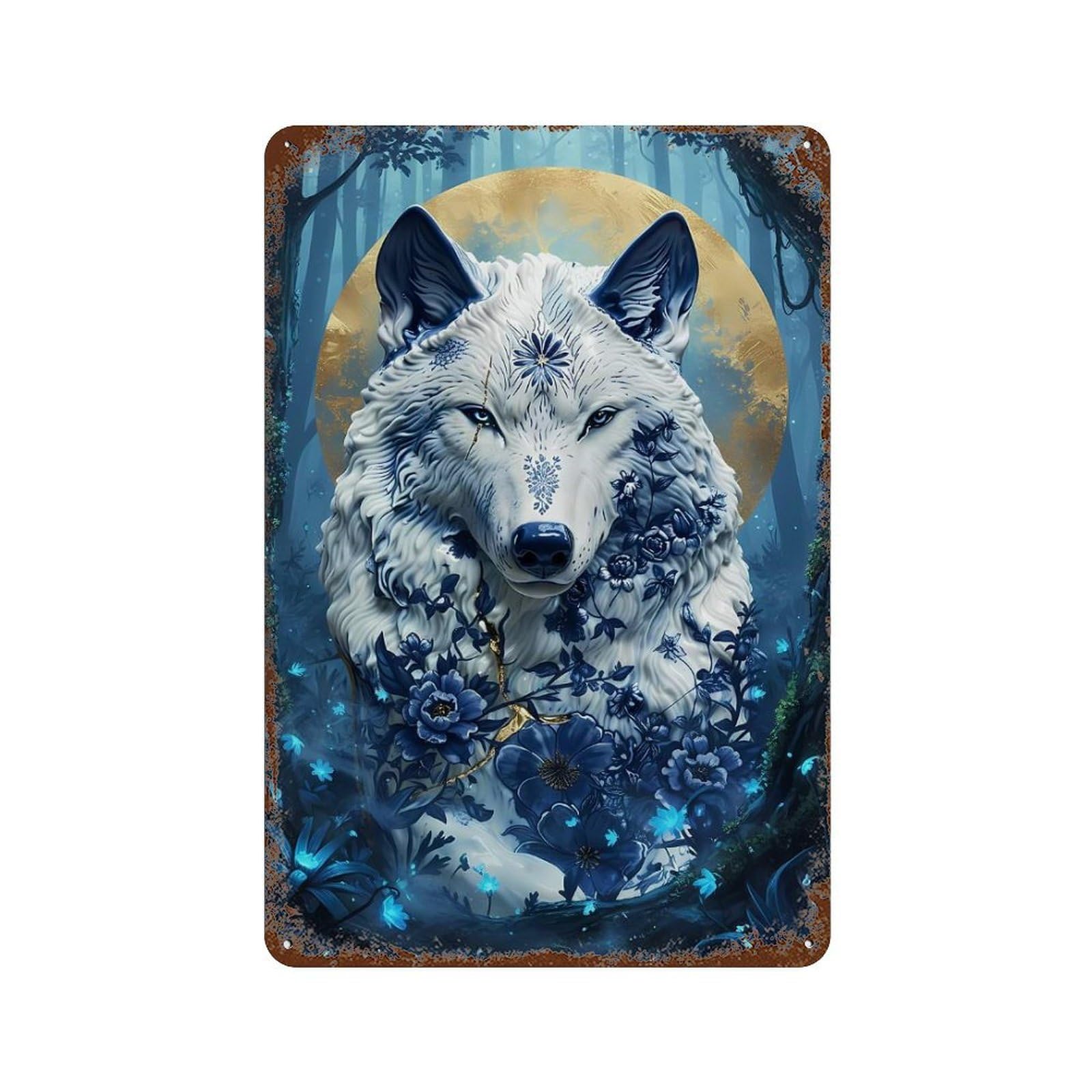 Porcelain Wolf in Enchanted Forest Rustic Tin Plaque 11.8"x7.9", Rustic Home Decor for Office, Studio And Wall Decor