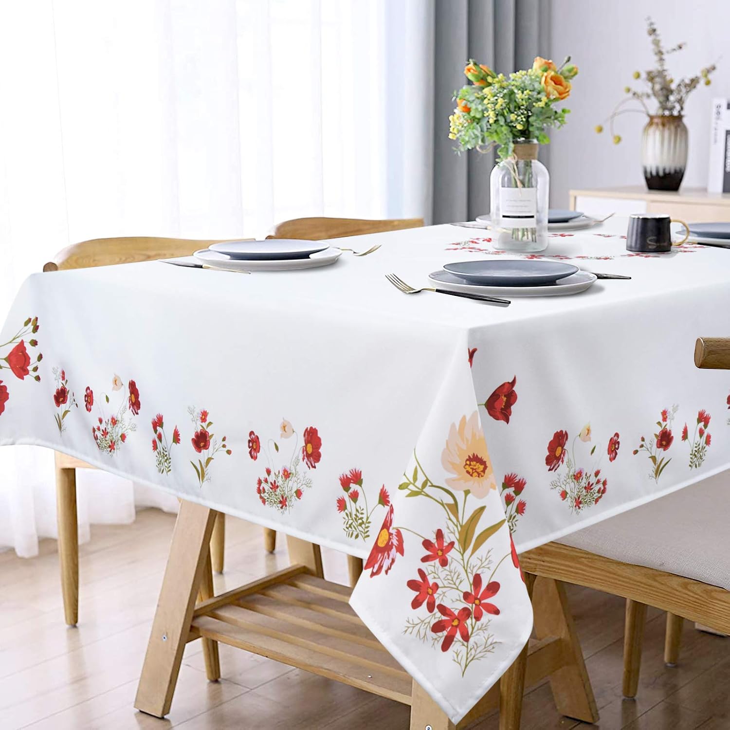 ASPMIZ Floral Tablecloth, Wild Flower Table Cloth, Spring Summer Waterproof Wrinkle Free Tablecloth for Outdoor, Picnic, Camping, Party, Kitchen, Dining Room, Red and White, Rectangle 60 x 120 inch