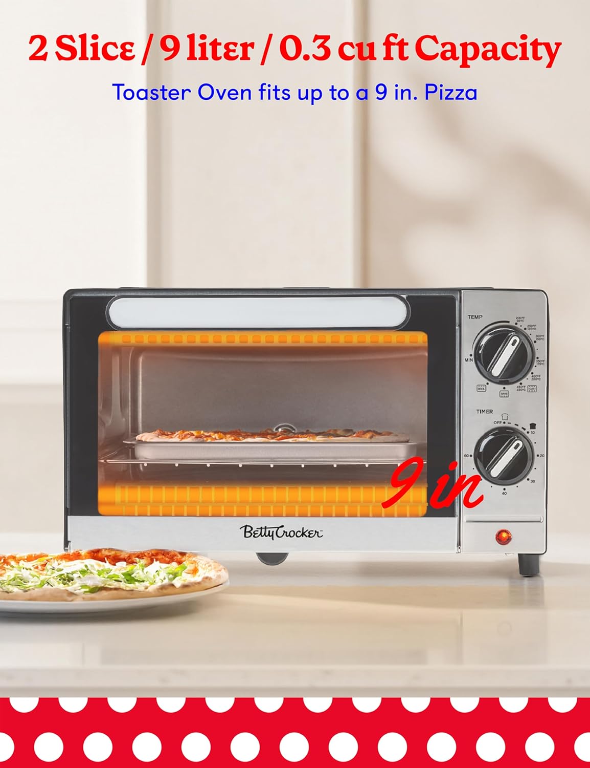 Betty Crocker 9L Toaster Oven, 2-Slice Toaster with Chrome Plated Front, Stainless Steel Handle, Bake, Broil & Toast Functions, Easy Control Dials, Includes Baking Pan & Rack, BC-5665B, Black/Silver