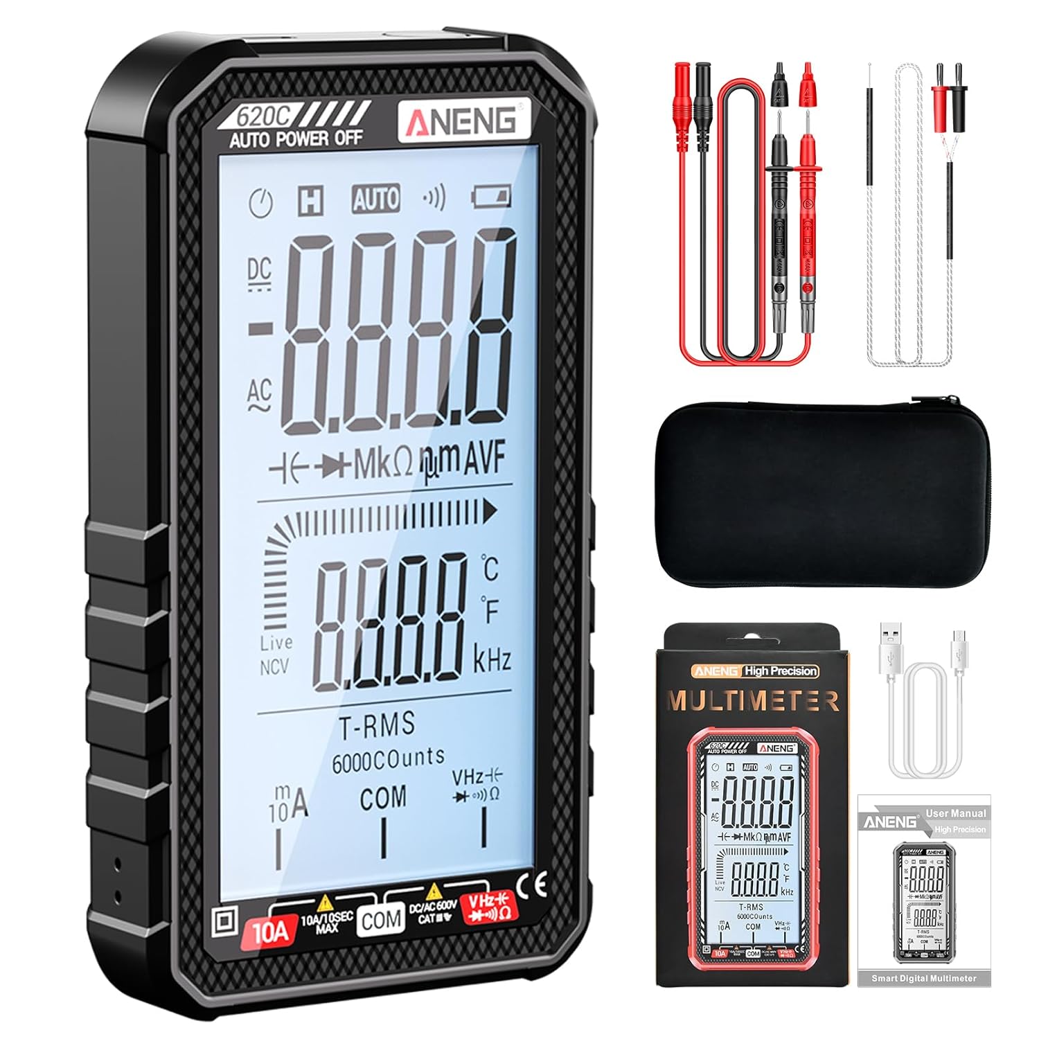 COMPREHENSIVEINNOVATION 620C Smart Digital Multimeter 6000 Counts Auto-Ranging Rechargeable Voltmeter for Voltage Current Resistance DIY Electricians Black
