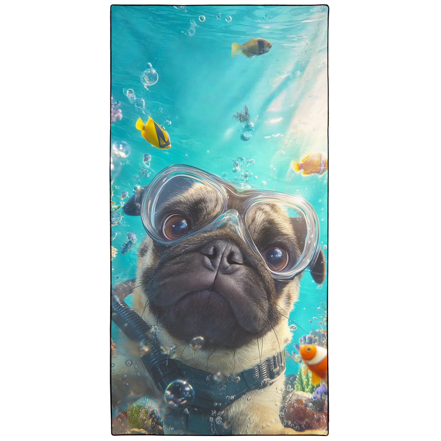 Violetpos Scuba Pug Group Beach Towel for Dog Lovers, Extra Large 180x90 cm 250GSM Microfibre, Sand Free Quick Dry, Ideal Vacation Gifts with Carry Bag for Pool Cruise Camping — image 1