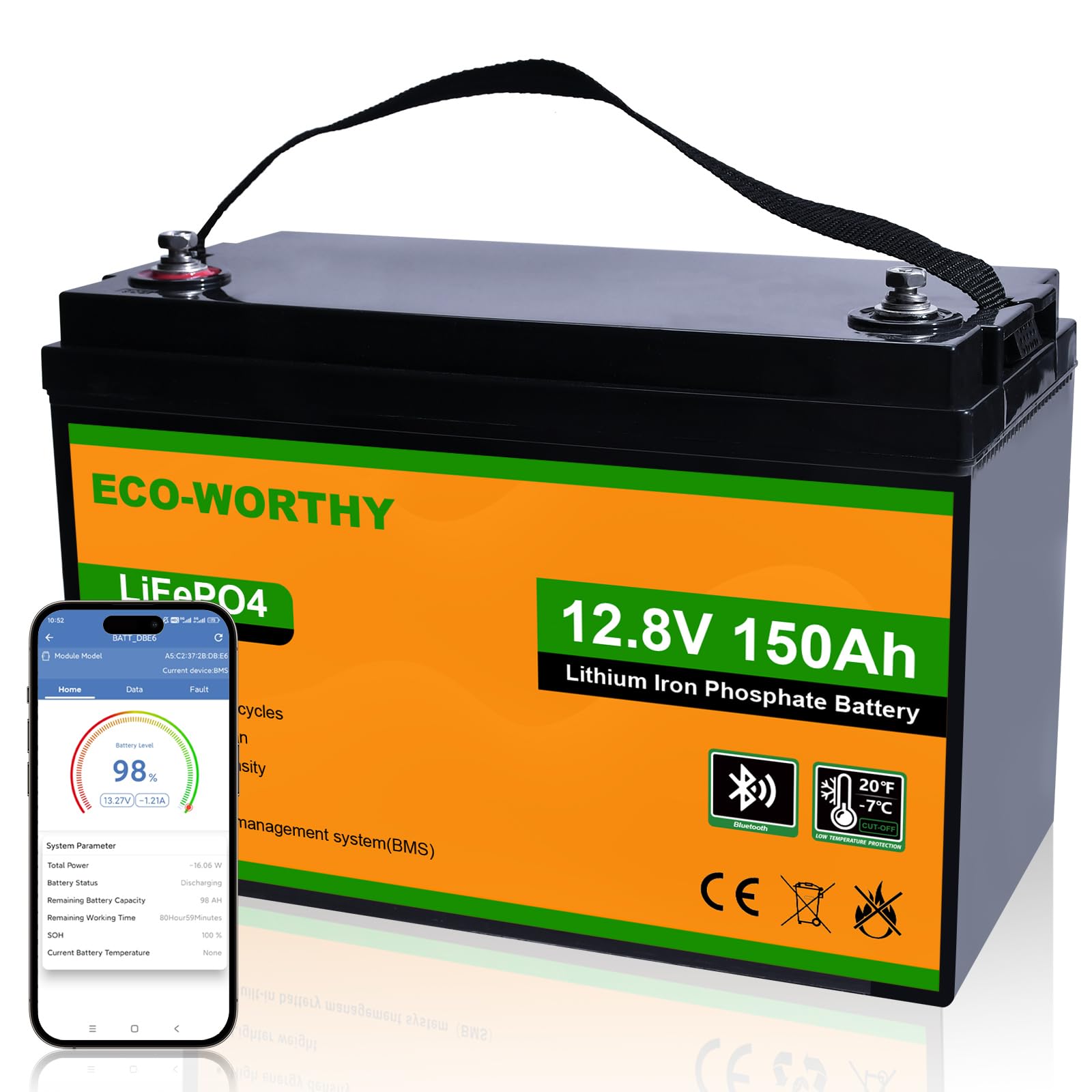 ECO-WORTHY 12V 150AH Bluetooth LiFePO4 Lithium Battery with Low Temperature Protection, Built-in 120A BMS, Perfect for Trolling Motor, Boat, RV, Camping, Home Energy Storage