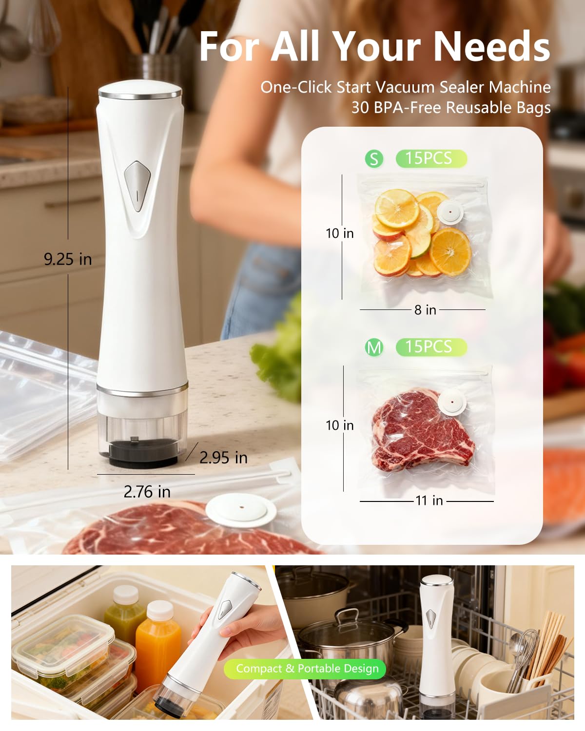 Sellador al vacío de mano para alimentos con tanque de agua visible, máquina selladora al vacío inalámbrica compacta con 30 bolsas de vacío reutilizables para 10 veces más conservación y
