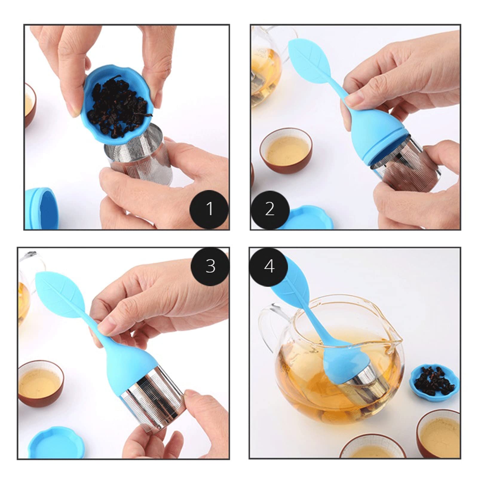 Colador de té infusor de té, filtro de té de malla fina de acero inoxidable con mango de hojas de silicona sin BPA y bandeja de goteo para todo el té de hojas sueltas (azul)