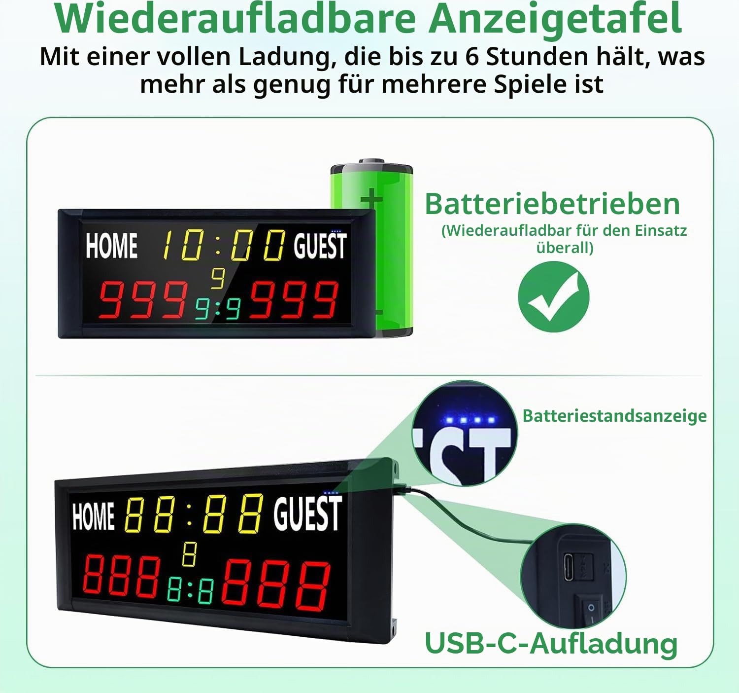 YZ 16-Zoll-Großanzeigetafel mit Fernbedienung, helle LED-Anzeigetafel für Spiele im Freien, Digitale Anzeigetafel mit Timer-Uhr, tragbarer Punktezähler für Fußball/Basketball/Cornhole/Volleyball