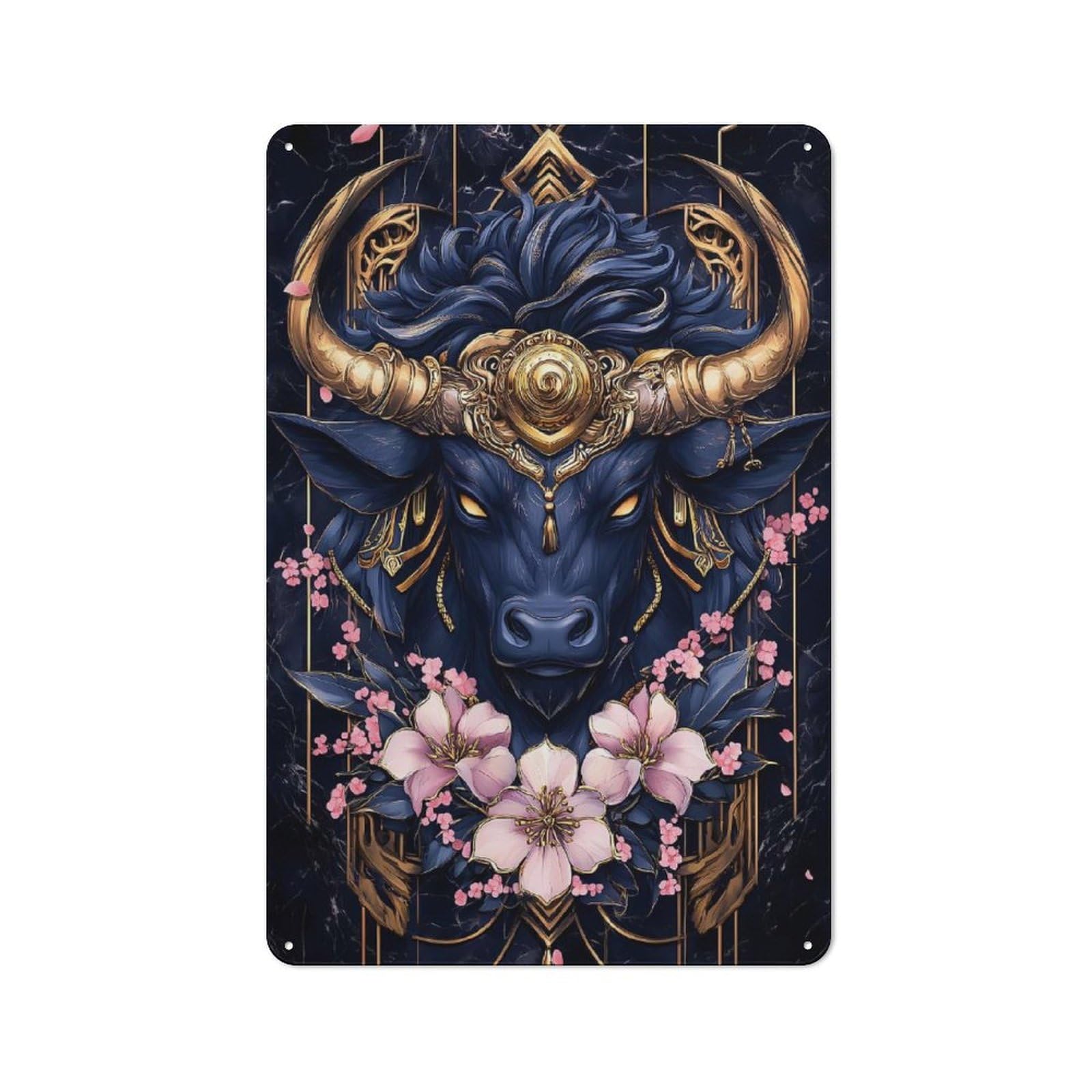 Junmoney Style-5 Decorative Metal Plaque With Golden Bull With Flowers Design 30X20cm, Casual Utility Space Decor For Patio Bar, Workshop, Shed Or Kitchen