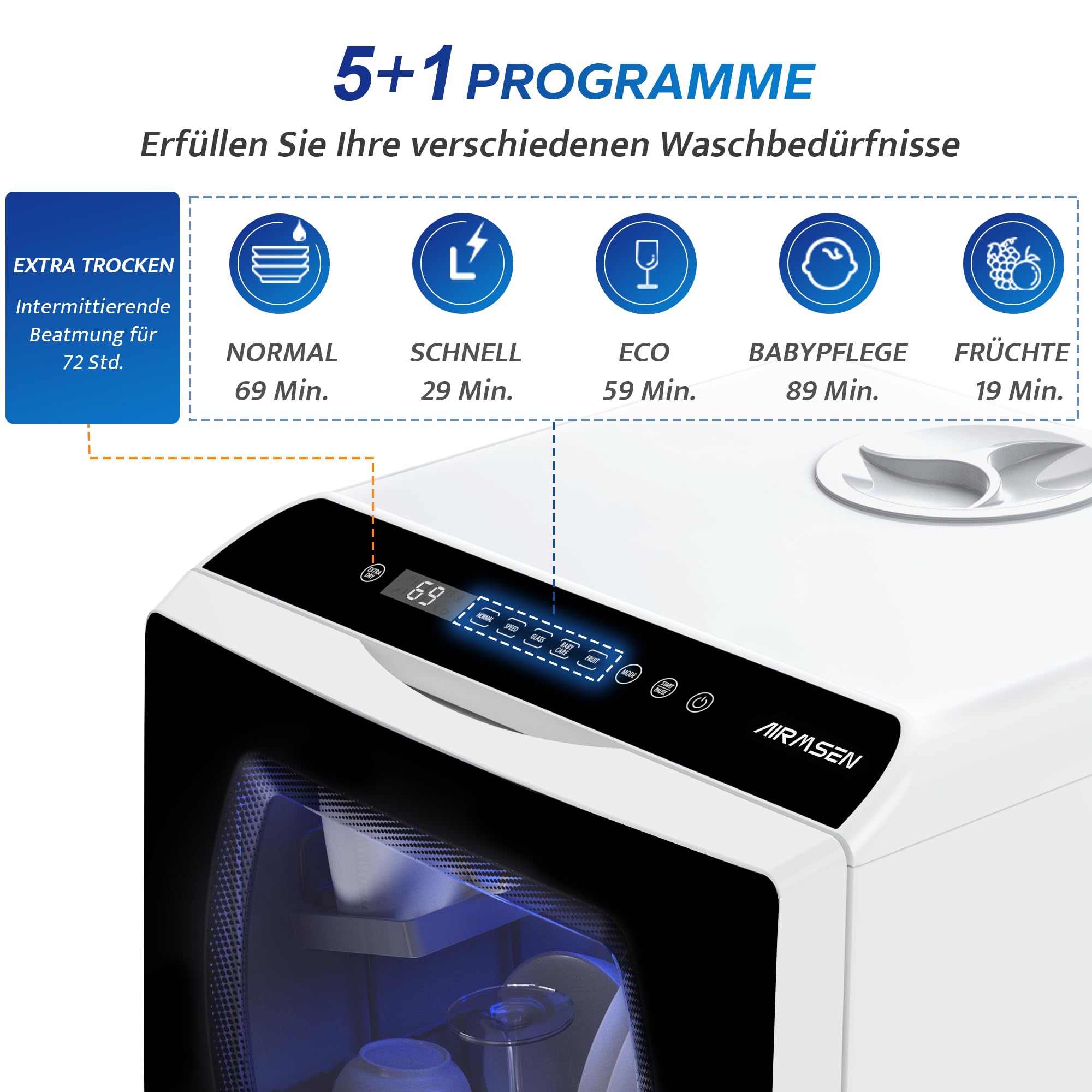 AIRMSEN Tischgeschirrspüler Mini Geschirrspüler 5+1 Programme 5L Wassertank 2 Wege Wasserversorgung Touch Control LED-Display Weiß Schwarz