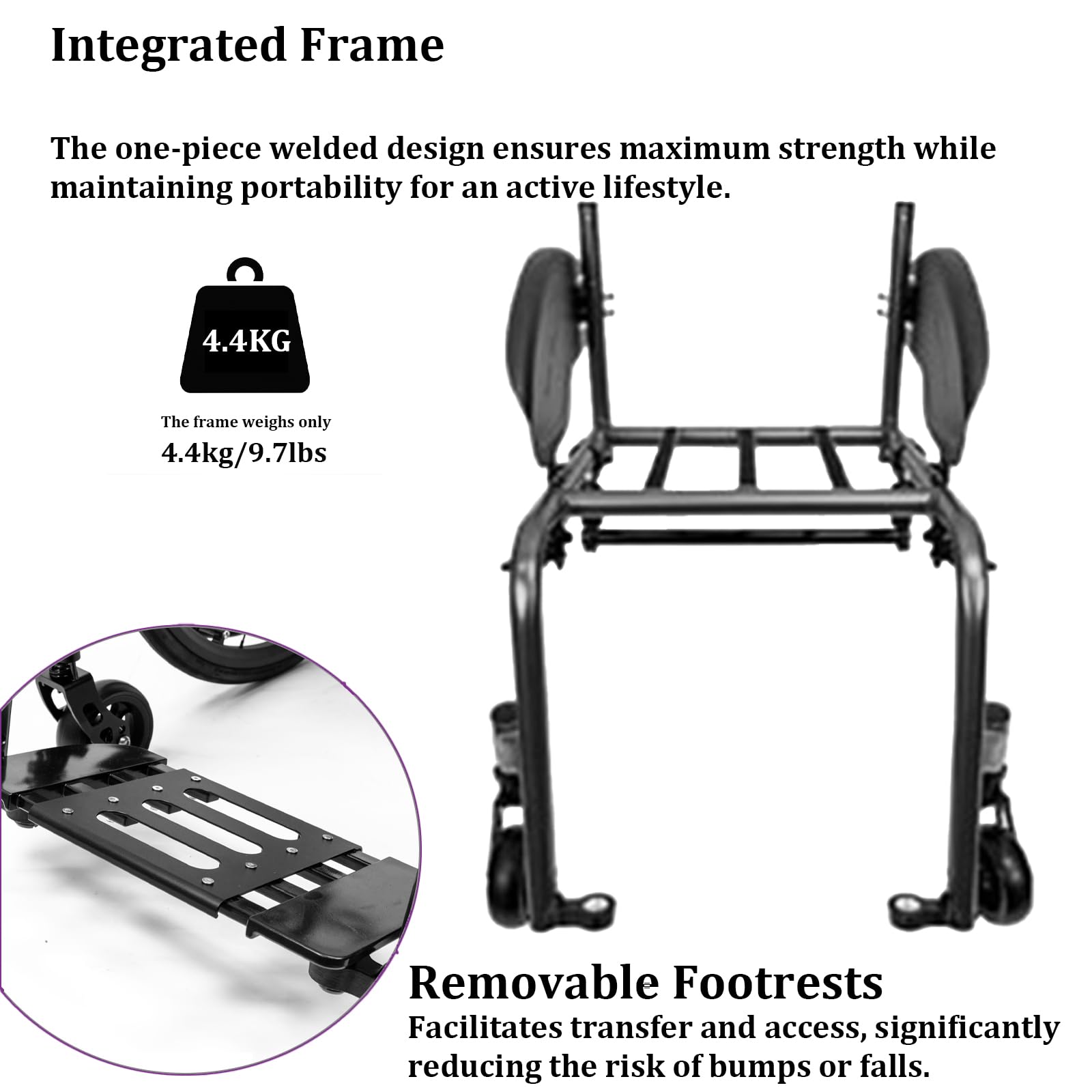 Sedia a rotelle Ultraleggera ad autospinta per Disabili, Carrozzina Sportiva, in Alluminio, da Transito, poggiapiedi Rimovibili(42cm/16.5in Seat,Black)