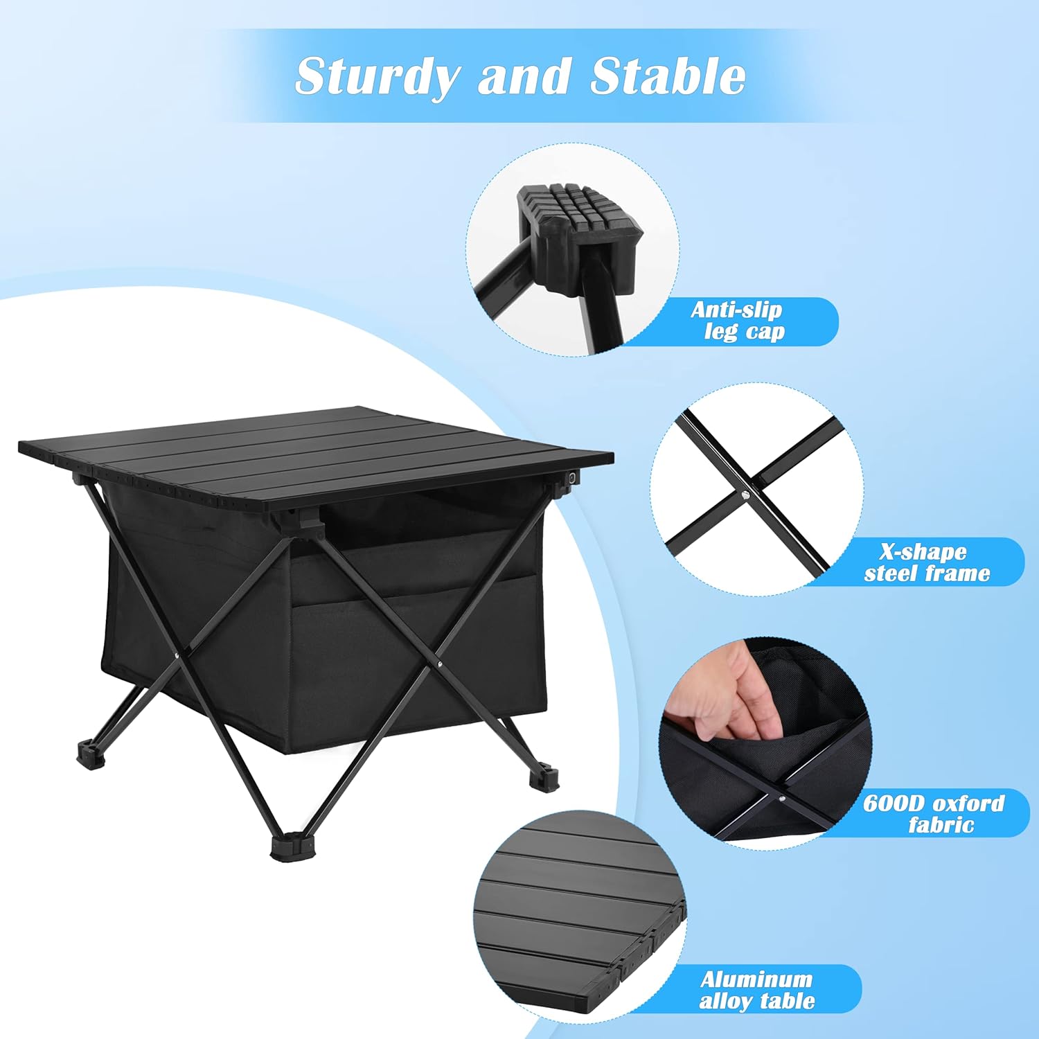 Portable Folding Aluminum Alloy Camping Table with High-Capacity Storage and Carry Bag, Small Size, for Camping, Traveling, Hiking, Fishing, Beach, BBQ,Black