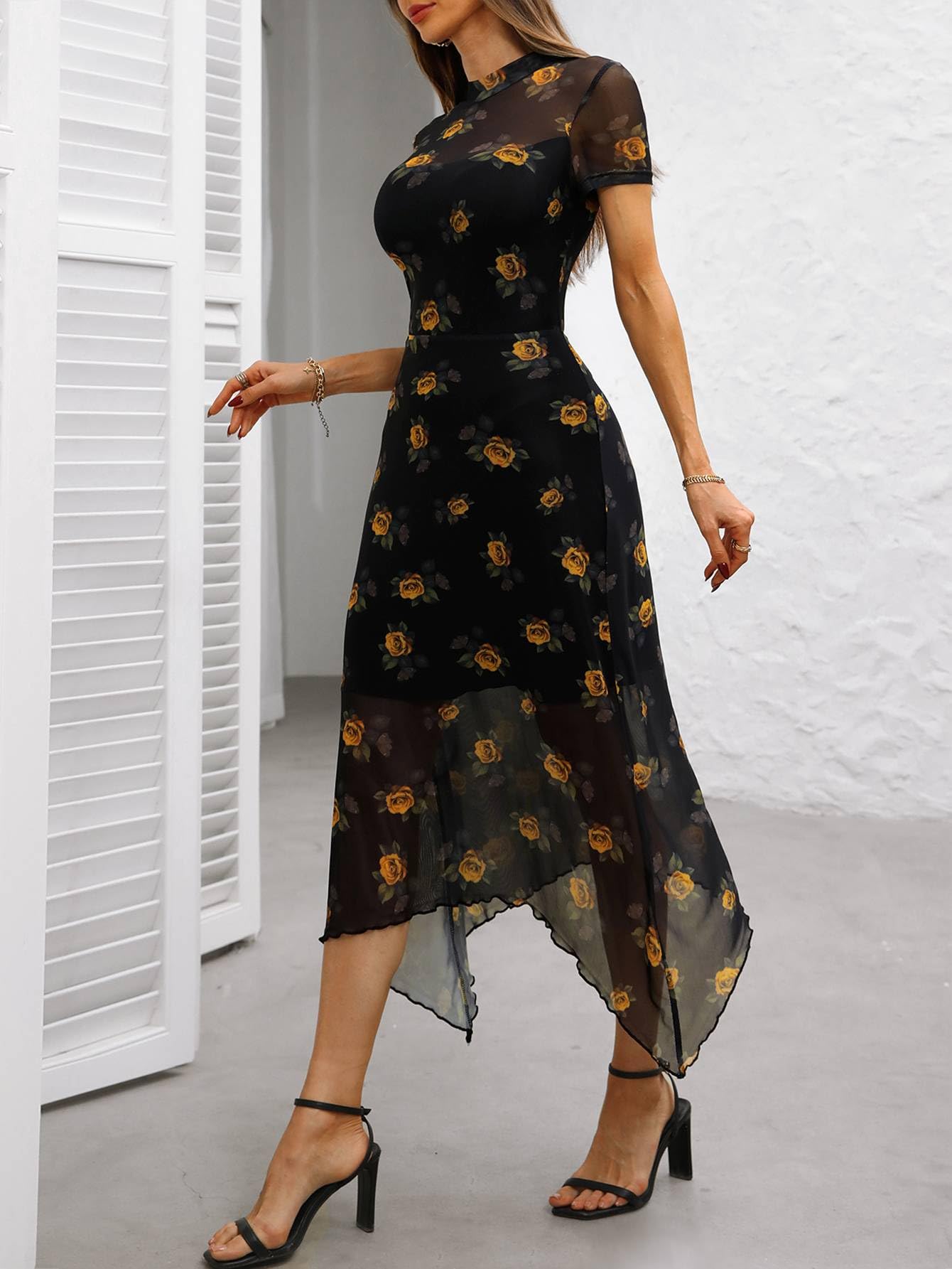 GothDark Women's 2025 Summer Floral Print Vintage Goth Dress Mesh Spliced Double-Layered Irregular Hemline Midi Dress