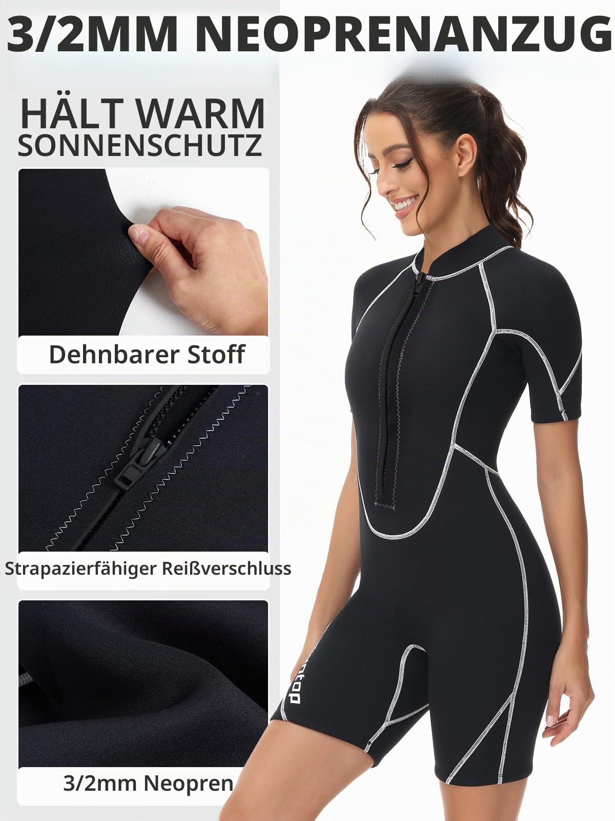 Owntop 3/2mm Shorty Neoprenanzug Damen - Frontreißverschluss Wetsuit zum Tauchen Surfen, Kurzarm Tauchanzüge Stretch Neopren für Wassersport, Damen Schwarz S