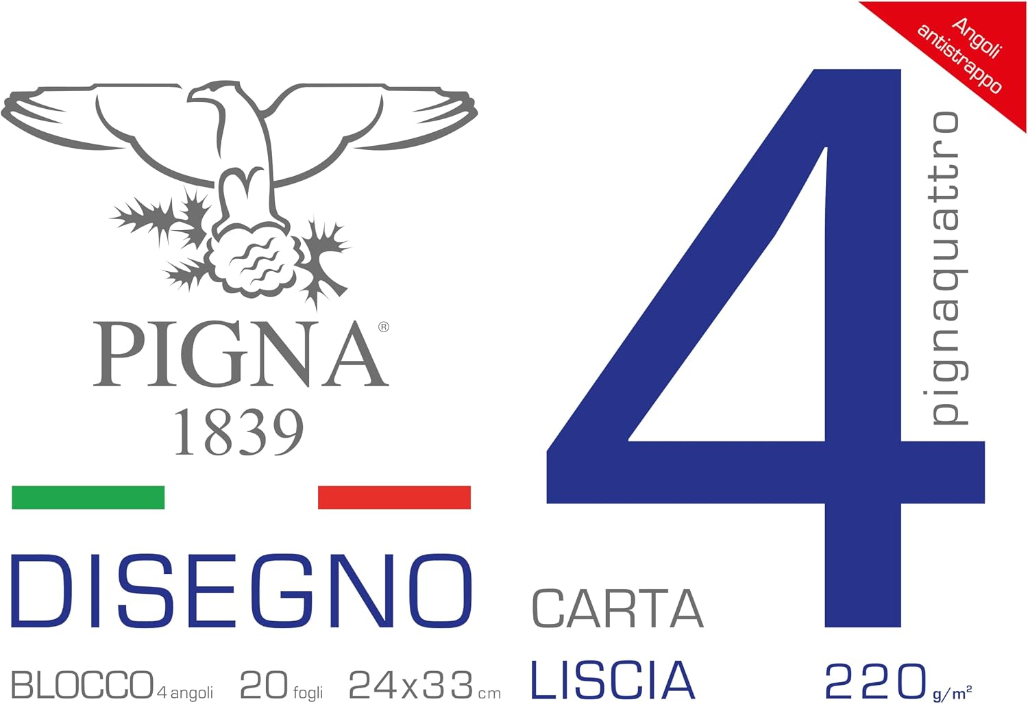 Pigna, Blocco da Disegno con 4 angoli PignaQuattro, Formato 24x33 cm., 20 Fogli da 220 g/m², Perfetto per Disegni e Schizzi, Carta Liscia, confezione 1 pezzo