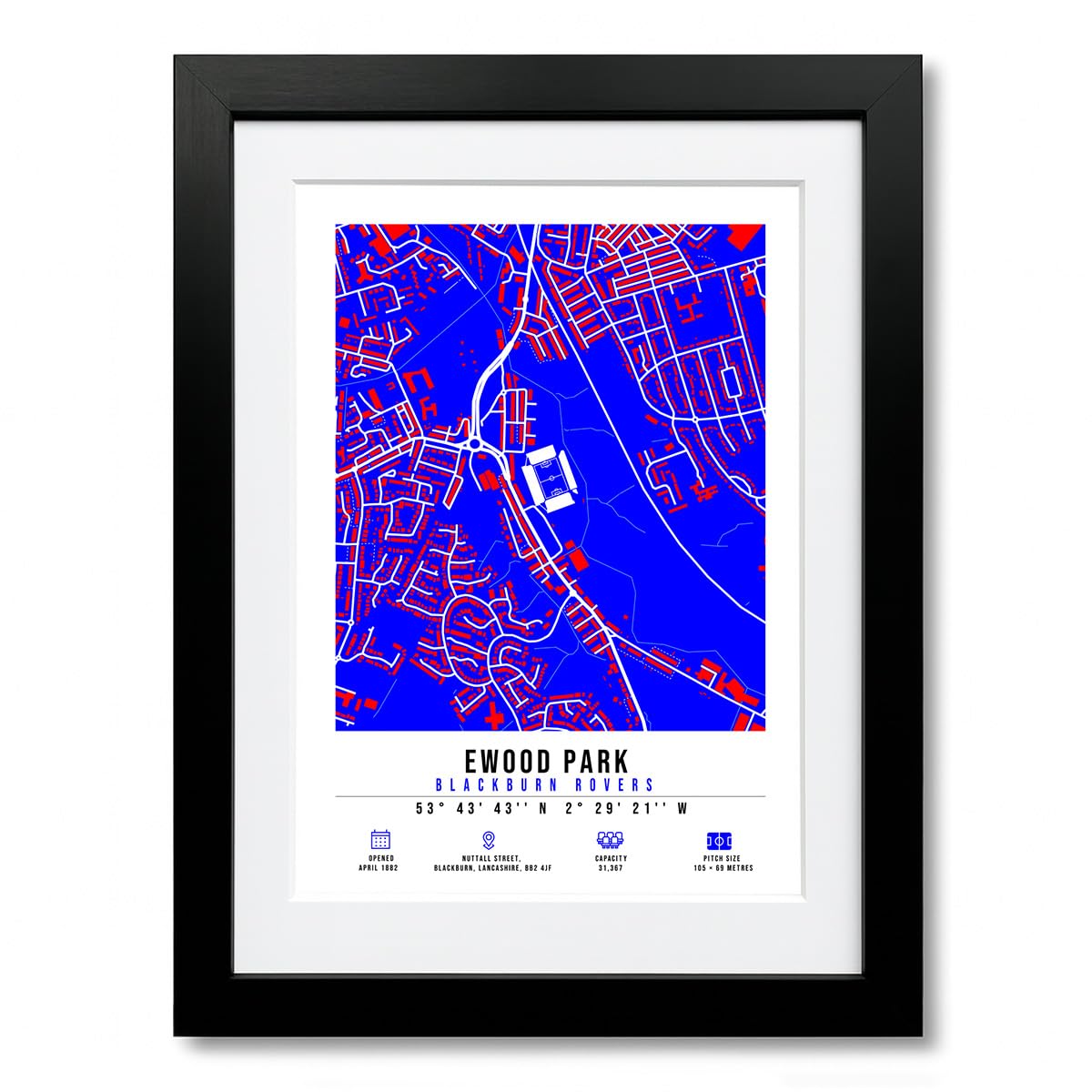 Ewood Park Stadium Map Minimalist A4/A3 Poster Photo Print Framed Gift Blackburn Rovers (A4 Black Framed & Mounted)
