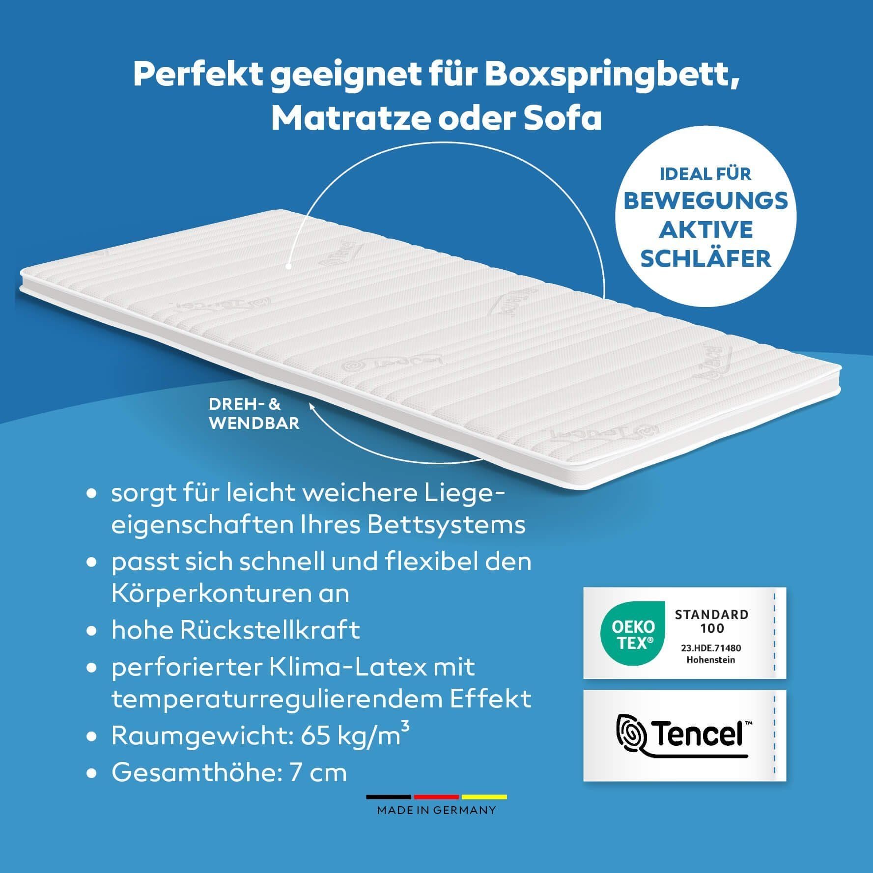 Sobrecolchón de látex 120 x 180 cm (ancho x largo), tencel 3D, dureza media, altura 7 cm, OEKOTEX, RG 65 kg/m³, fabricado en Alemania