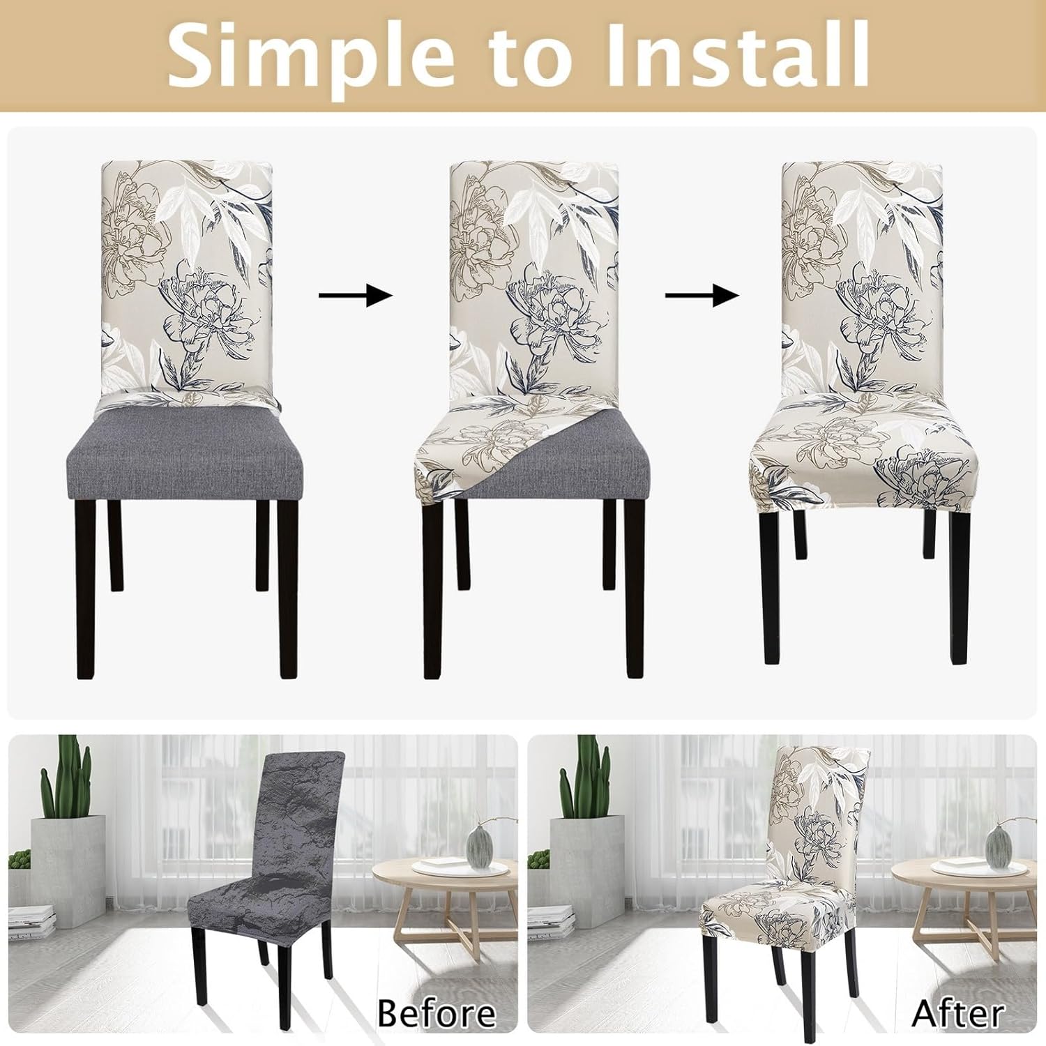 SearchI Printed Dining Room Chair Covers Set of 6, Stretch Kitchen Chair Covers Washable Parsons Chair Slipcover Removable Dining Chair Protectors for Hotel,Ceremony(Flower Pattern3)