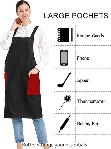 Miniatura 4 de APRONNER Delantales cómodos repelentes al agua con espalda cruzada para mujeres con bolsillos para cocinar, cocina, hornear, ajustable, unisex
