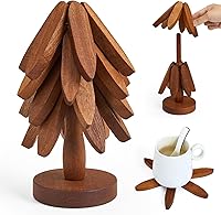 YUEXINKJ Walnut Wood Tree Shape Trivets Set of 4 with Storage Stand - Heat Resistant, Non-Slip for Hot Pots, Pans, Dishes
