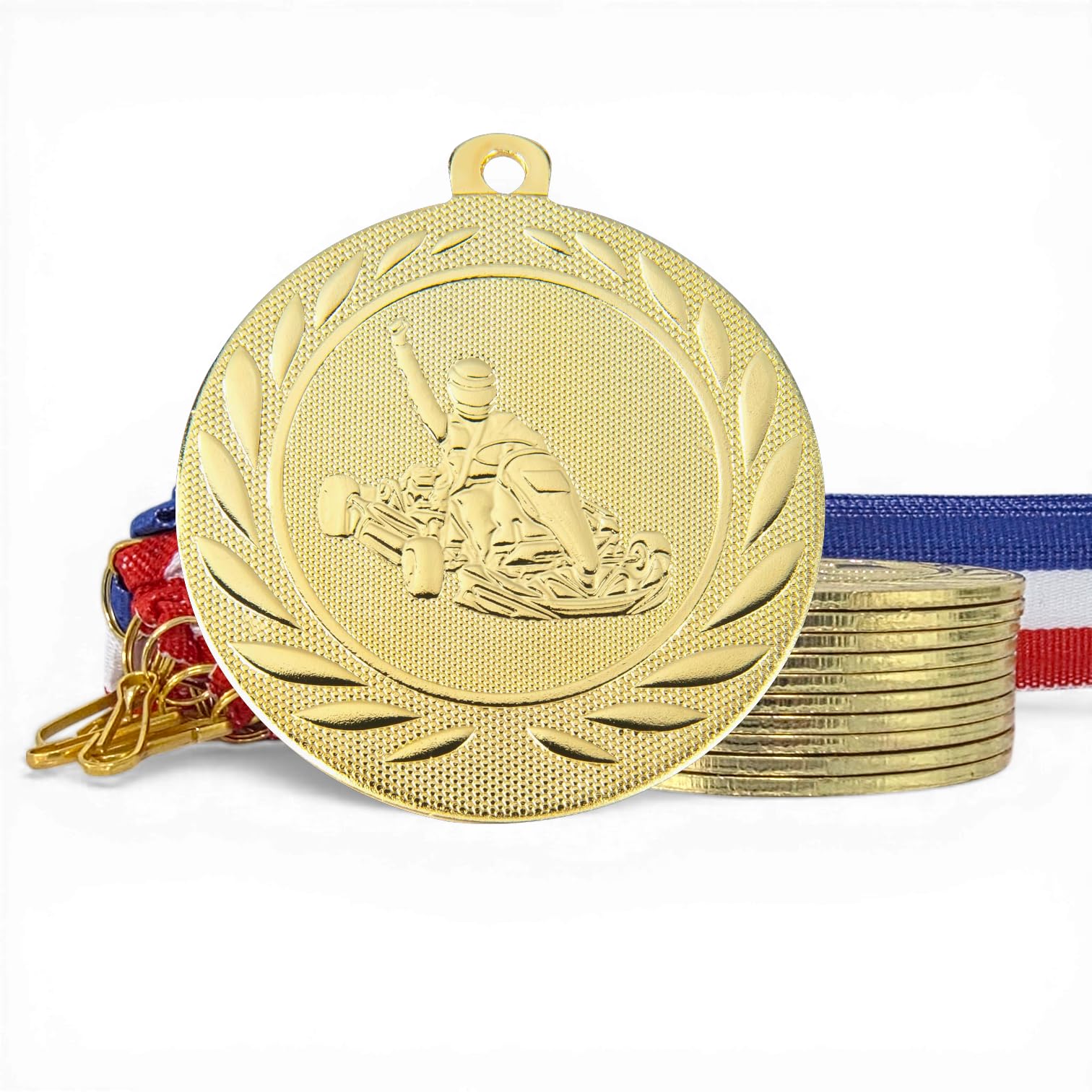 Trophy Monster Confezione da 10 medaglie dorate in ferro da 50 mm con 10 nastri a clip rossi, bianchi e blu