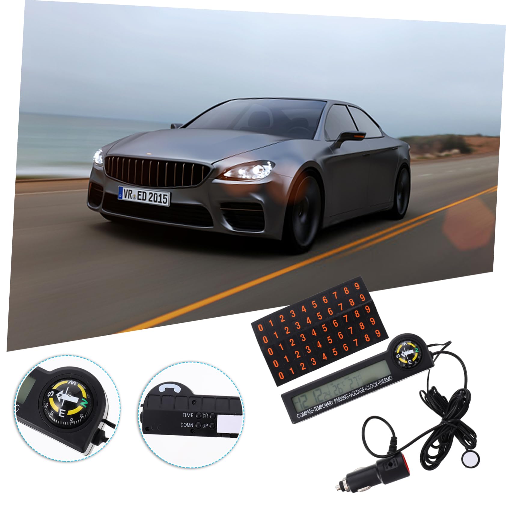 POPETPOP 2stücke Automotive Digital Thermometer Voltmeter Mit -uhr Und Kompass Multifunktionale Anzeige Für Auto Temperaturmessung Innen Und Außen Mit Farbigem Hintergrundbeleuchtung