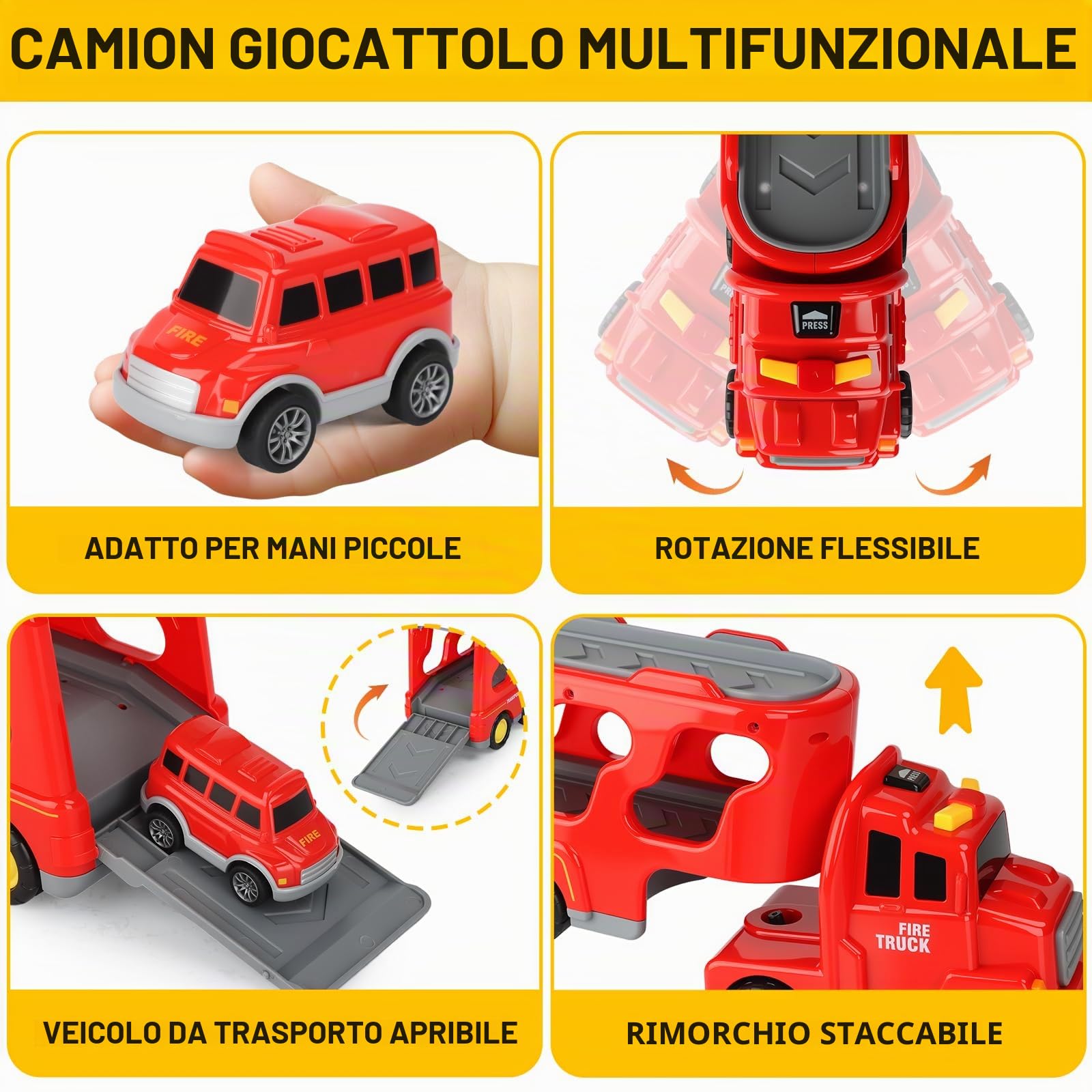 Camion Macchinine Bambini,7-in-1 Camion Pompieri Giocattolo,Camion da Trasporto avec Luci e Suoni,Auto Giocattolo ad Inerzia,2 Adesivi a Tema Auto,Regalo per Bambino 2-6 Anni