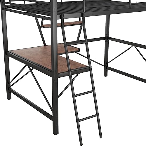 Miniatura 9 de Cama tipo loft de tamaño matrimonial con escritorio y estante de almacenamiento, cama alta de metal resistente tamaño matrimonial con escalera y
