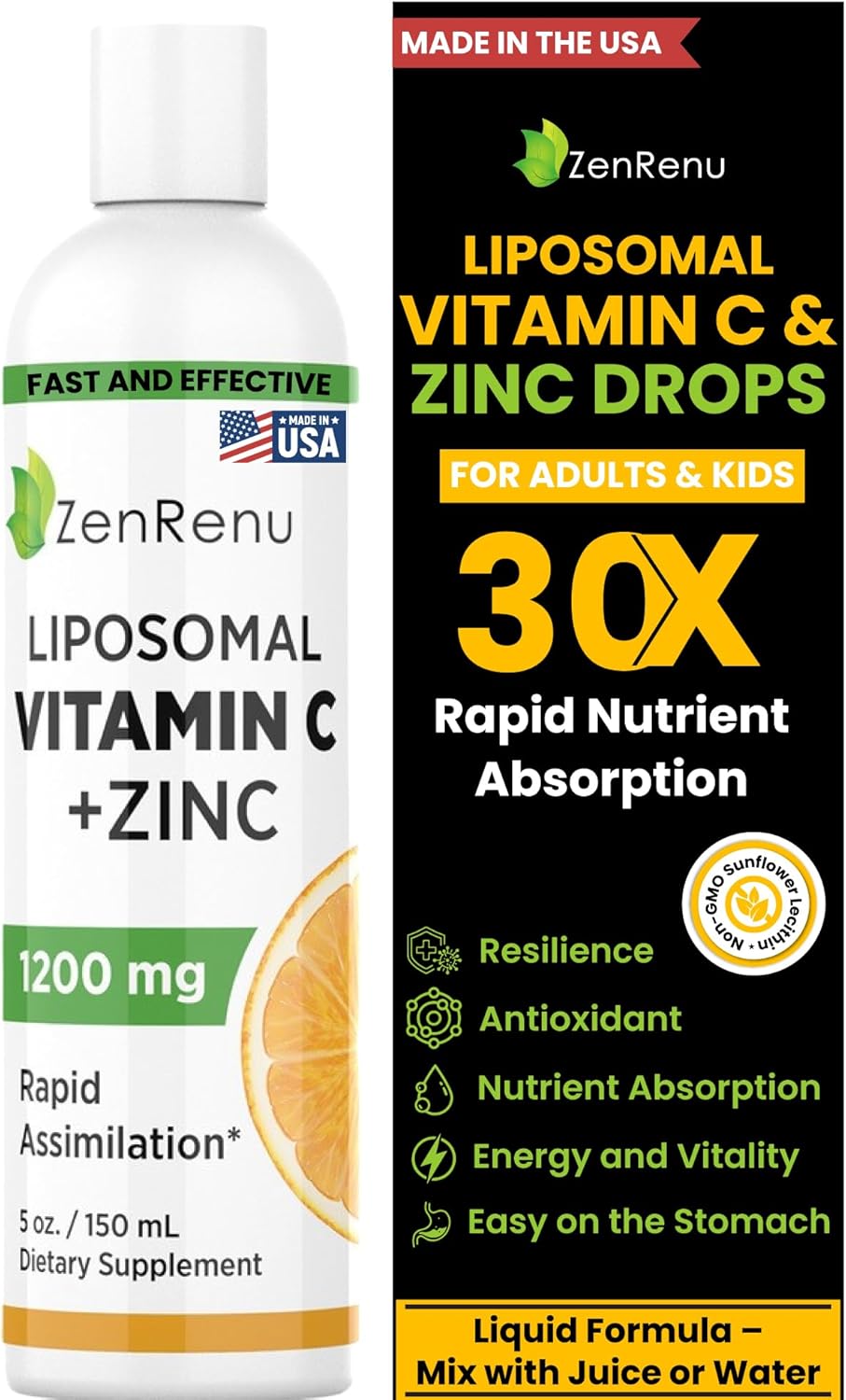 Zenrenu Liposomal Vitamin C and Zinc Liquid Drink for Adults & Kids - Non GMO Sunflower Lecithin - Max Antioxidant & Immune Support, 5 oz / 150 ml