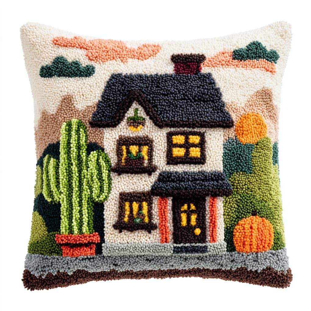 WallustrioaW Latch Hook Kit for Cushion Making,Cartoon House in the Forest,Complete DIY Craft Kit with Yarn, Hook Tool & Guide,Stress Relief Art Project for Adults/Teens,17x17in