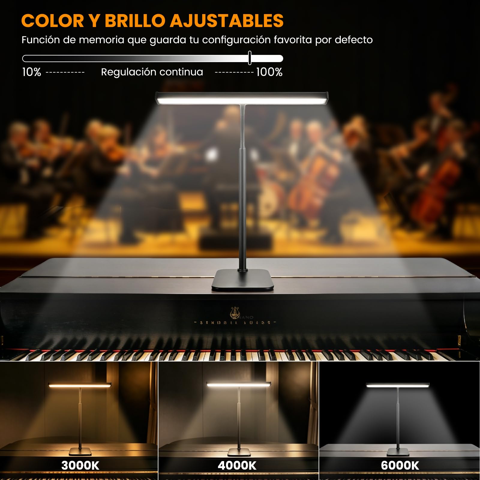 Lámpara LED para Piano, 3 modos de color, 10 niveles de brillo regulables, alimentación USB, tubo flexible de 360°, base metálica estable, adecuada para piano y escritorio