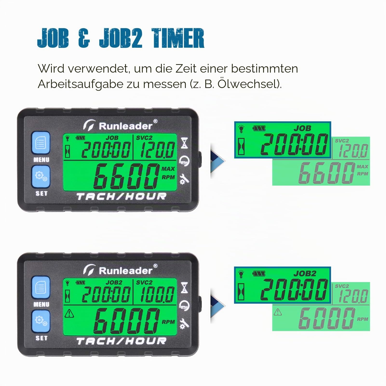 Runleader Betriebsstundenzähler Drehzahlmesser,Wartungsstundenzähler,Alarm-RPM-Erinnerung, mehrfarbiges Display mit Hintergrundbeleuchtung,Anfangsstunden einstellbar,Wasserdicht Blau