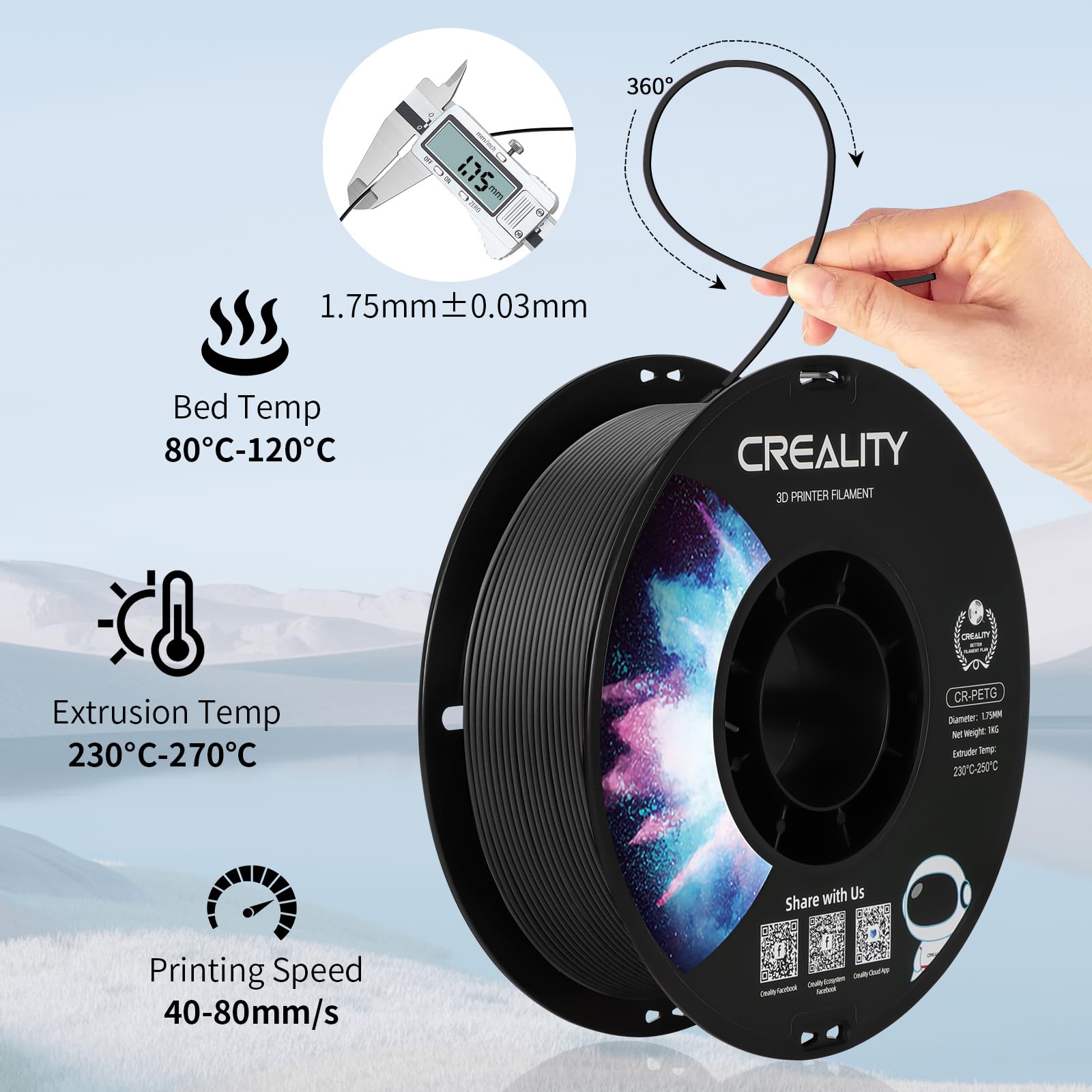 Creality Filamento PETG 1,75 mm, Ufficiale Filamento Stampante 3D Che Non si Aggroviglia, Forte Legame e Prestazioni a Sbalzo Precisione Dimensionale +/-0,03 mm, 2,2 lbs/Spool, Nero
