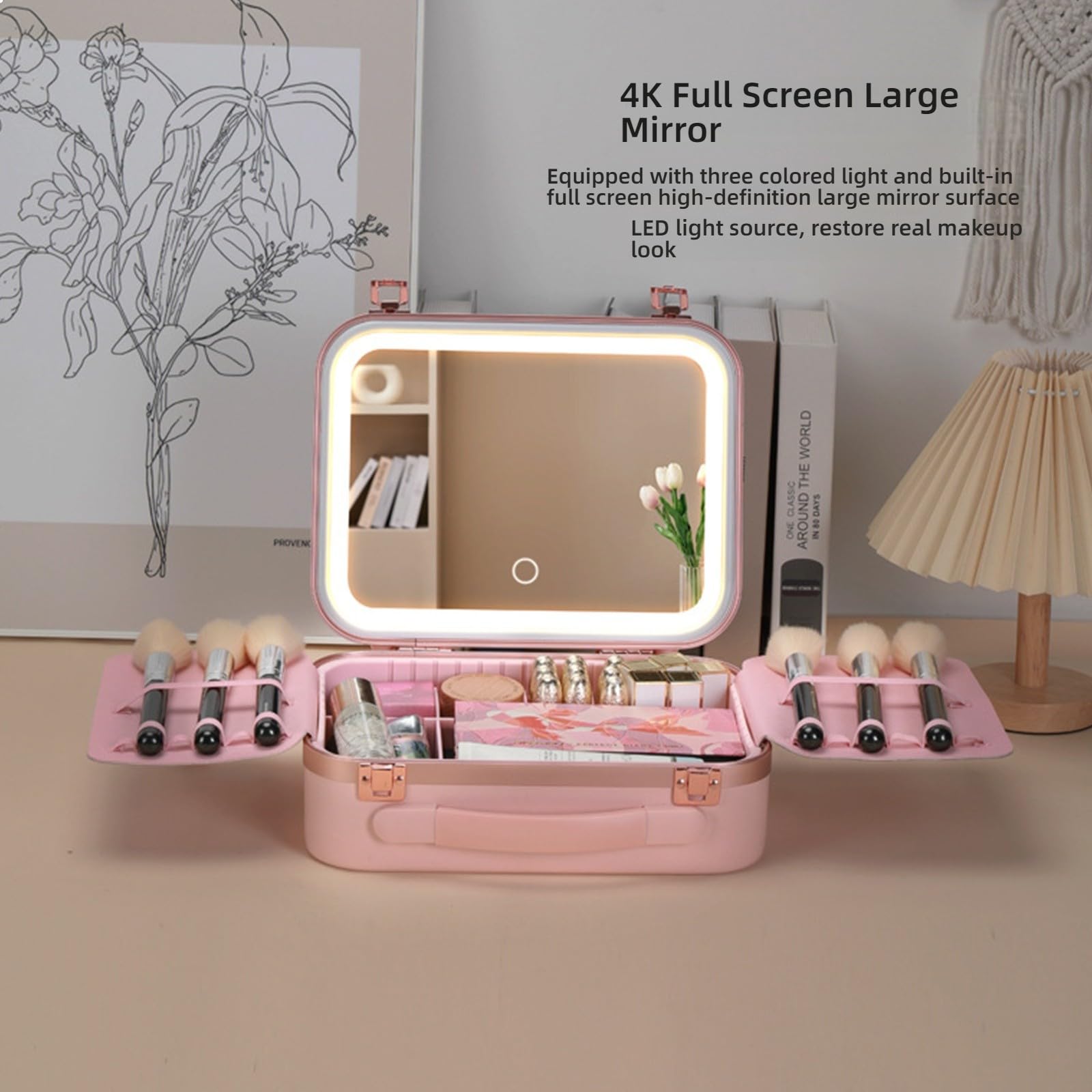 Beauty case professionale con anelli LED regolabili, luce e specchio, organizer portatile per cosmetici da donna, portatile, luminosità regolabile, B, One Size, Bellezza di massa