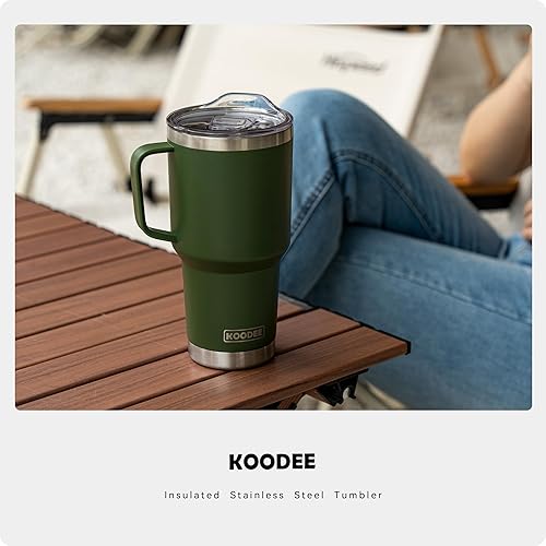 Miniatura 7 de koodee Vaso con asa, vaso de acero inoxidable de 30 onzas con aislamiento de doble pared con tapa y popote para café para hombres y mujeres (verde