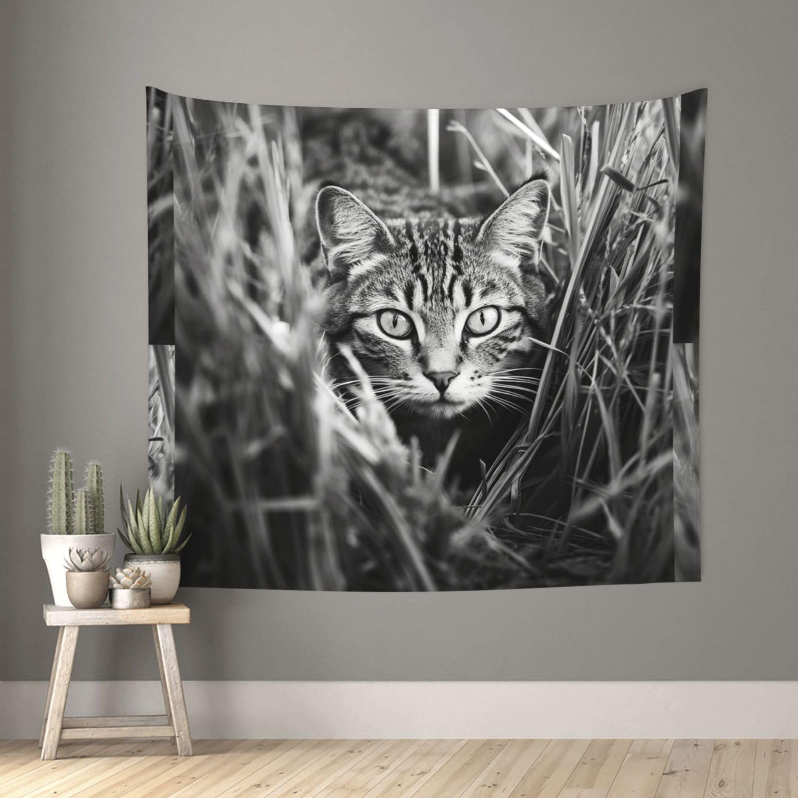 QMKFWT Living Room 60x51 InchA Cat on the Grass Tapestry Backdrop Wall Hanging Flag Indoor Outdoor Wall Art Tapestries Wall Decor Blanket Beach Throws Funny Banner Poster for Dorm, Bedroom