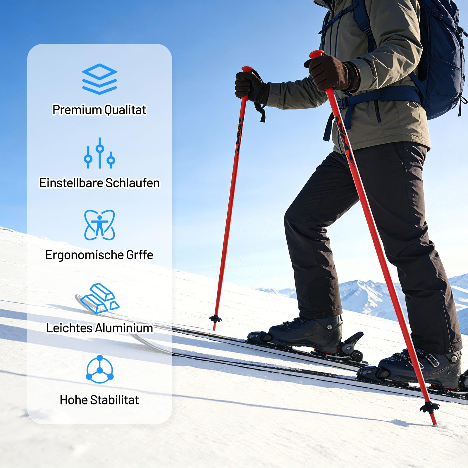1 Paire de Bâtons de Ski, Bâtons de Ski avec Poignée Ergonomique Robuste, Légers, pour Les Loisirs, Les Pistes de Ski de Fond Damées, La Raquette, Les