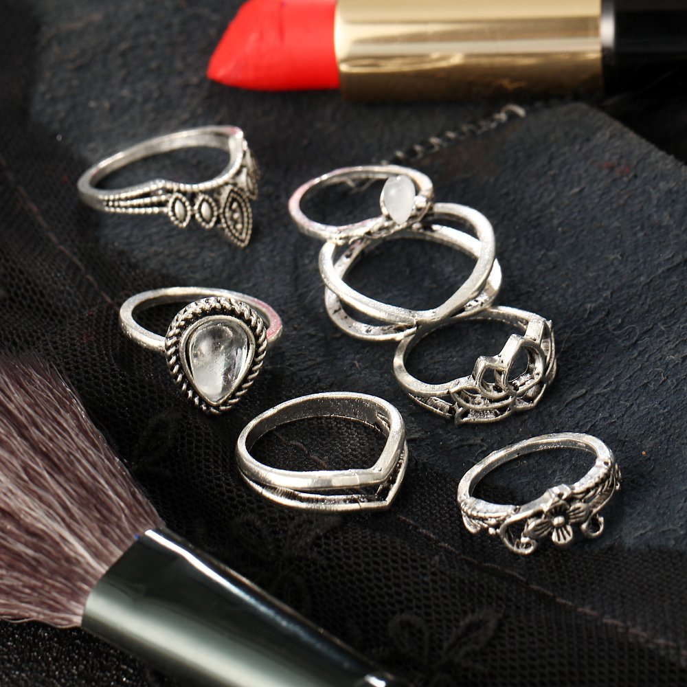 Set of 7 Boho Midi Finger Ring (Oxidised)