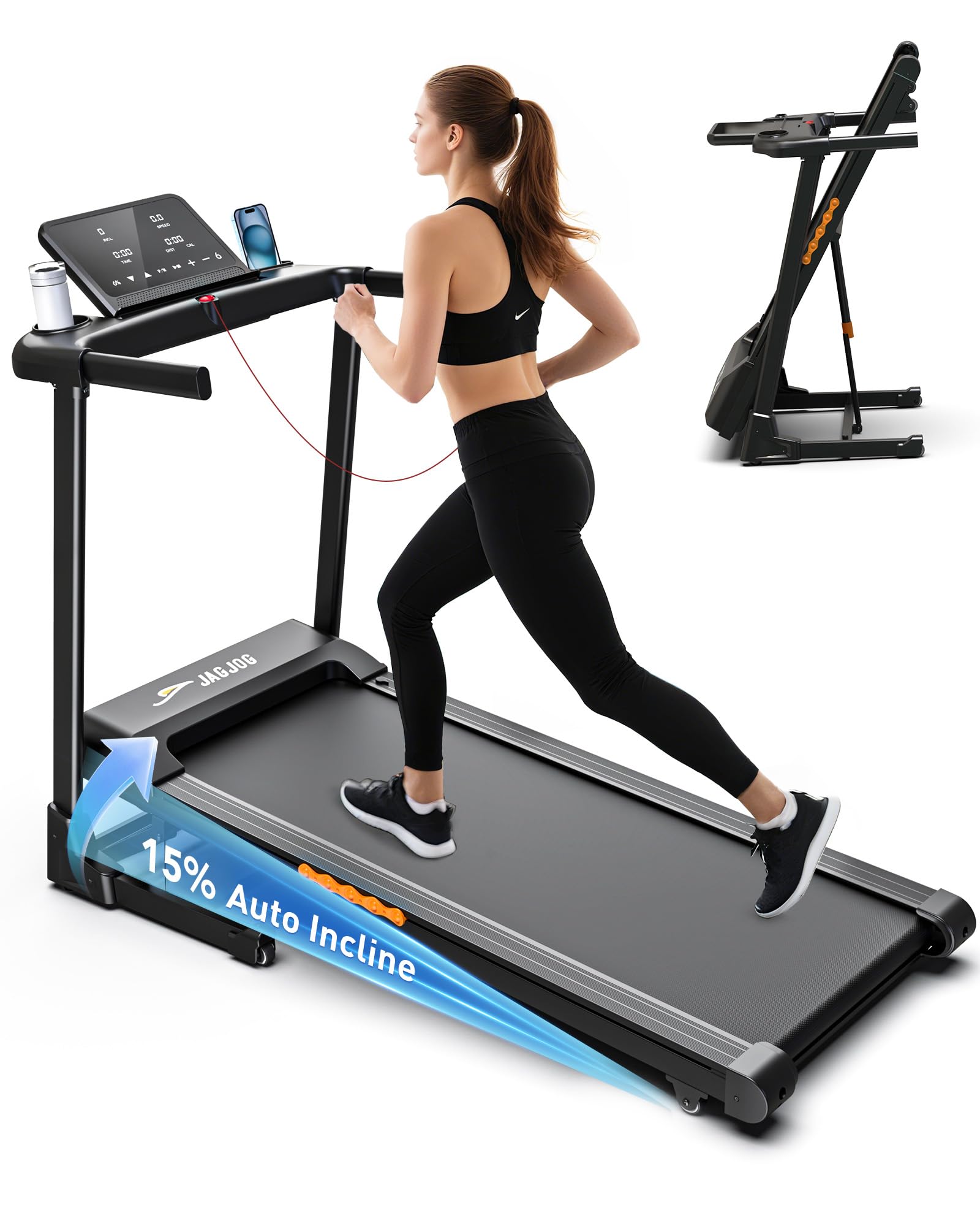 Laufband für Zuhause Klappbar, 15% Automatische Steigung, 1-14 km/h Laufband mit Steigung, 3 PS Walking Pad mit LED Anzeige, 12 Trainingsprogrammen, 136kg Nutzergewicht Ebenholz
