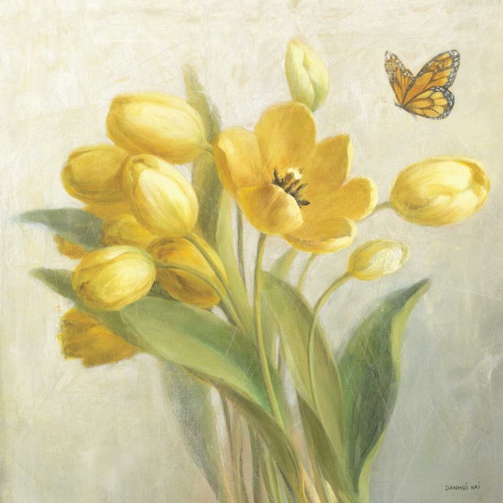 Lienzo con caja americana tulipanes franceses amarillos Nai Danhui - Cuadrado floral Arte estampado flores flores florales frenchfloraltulips tallo ste marco flotante 26_X_26_in