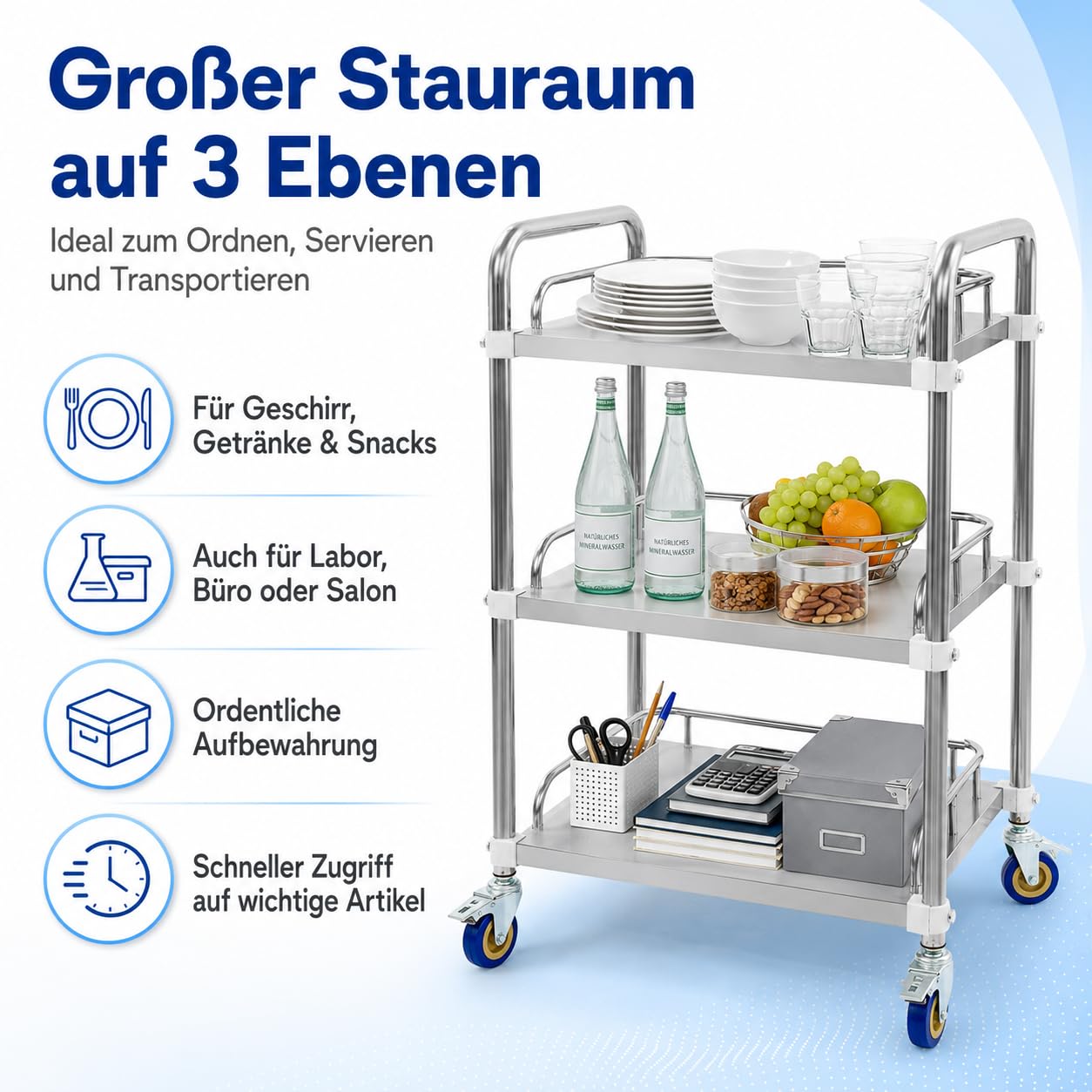Carro de servicio de acero inoxidable con 3 niveles, 50 x 40 x 86 cm, carrito de cocina con 4 ruedas universales, 2 frenos, 25 kg por nivel, carrito de transporte para cocina, laboratorio
