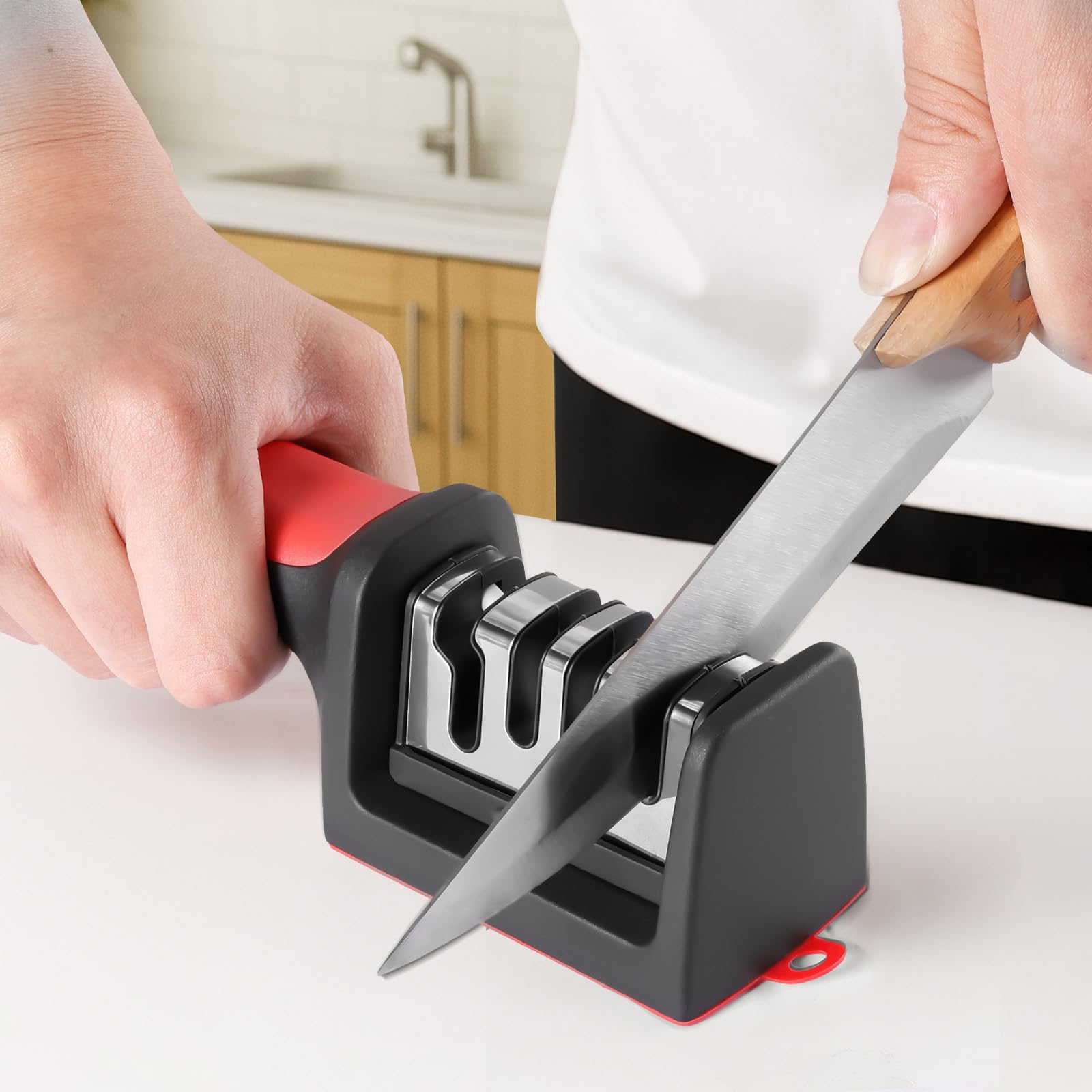 3-Stage Knife Sharpener - Diamond Tungsten Rods for Ceramic Steel Knives Scissors - Fast Blade Repair with Non-Slip