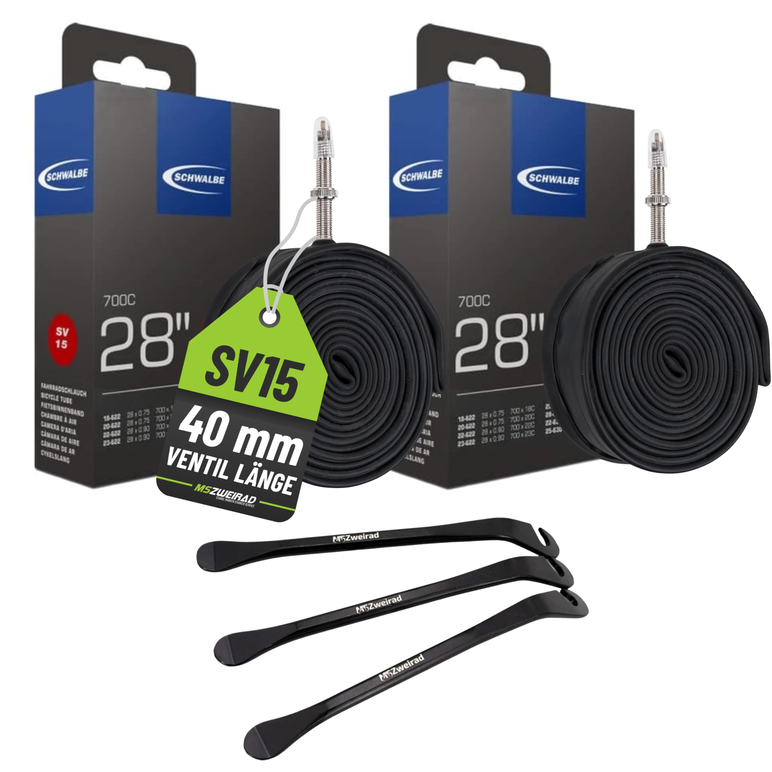 2er Set Schwalbe Fahrrad Schlauch SV15 40mm 28 Zoll (18/28-622/630) inklusive 3 MSZweirad Reifenheber