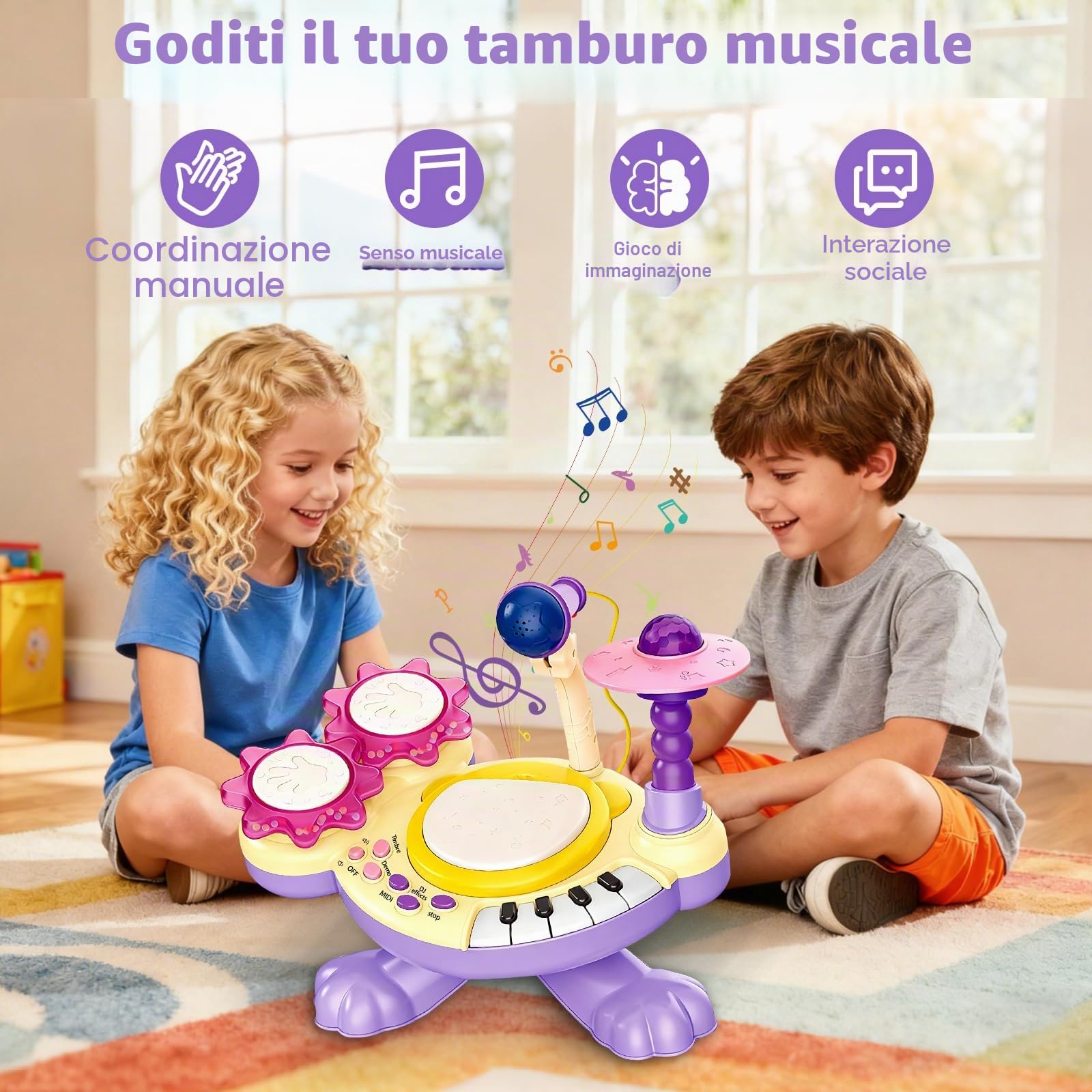 Batteria Bambini 3 Anni, Tamburo con Battito di Mani con Musica, Luci, Microfono e Tasti di Pianoforte, Educazione Precoce Batteria Strumenti Musicali Bambini Giocattolo Natale Regalo (Viola)
